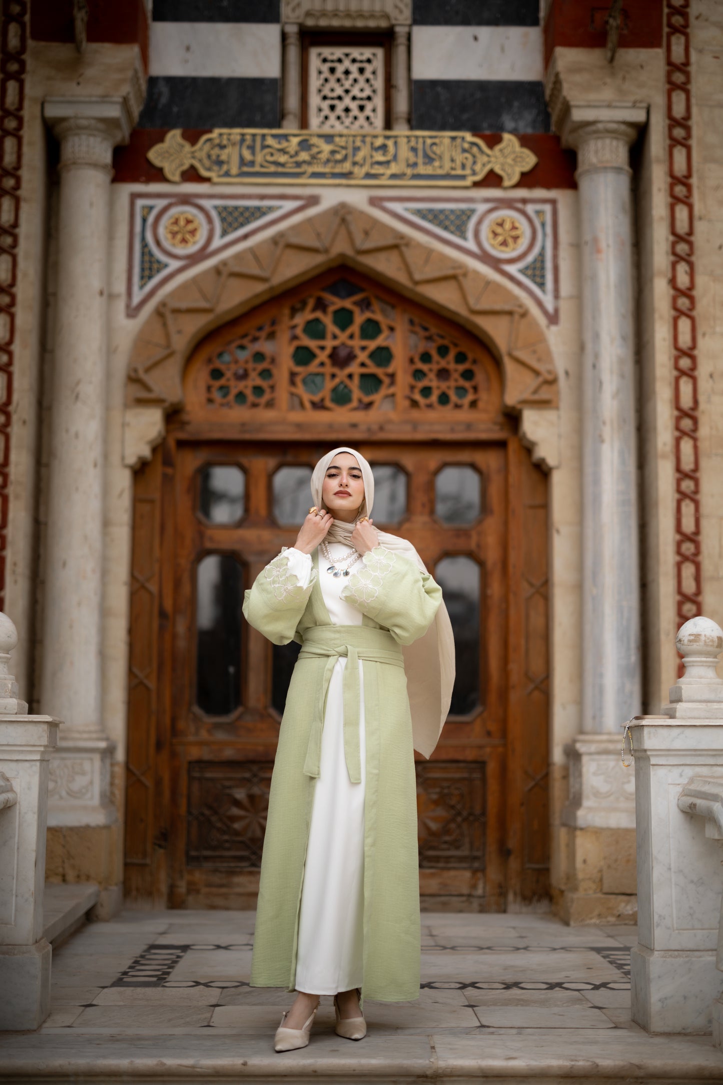 Floral Embroidered Abaya in Pistage