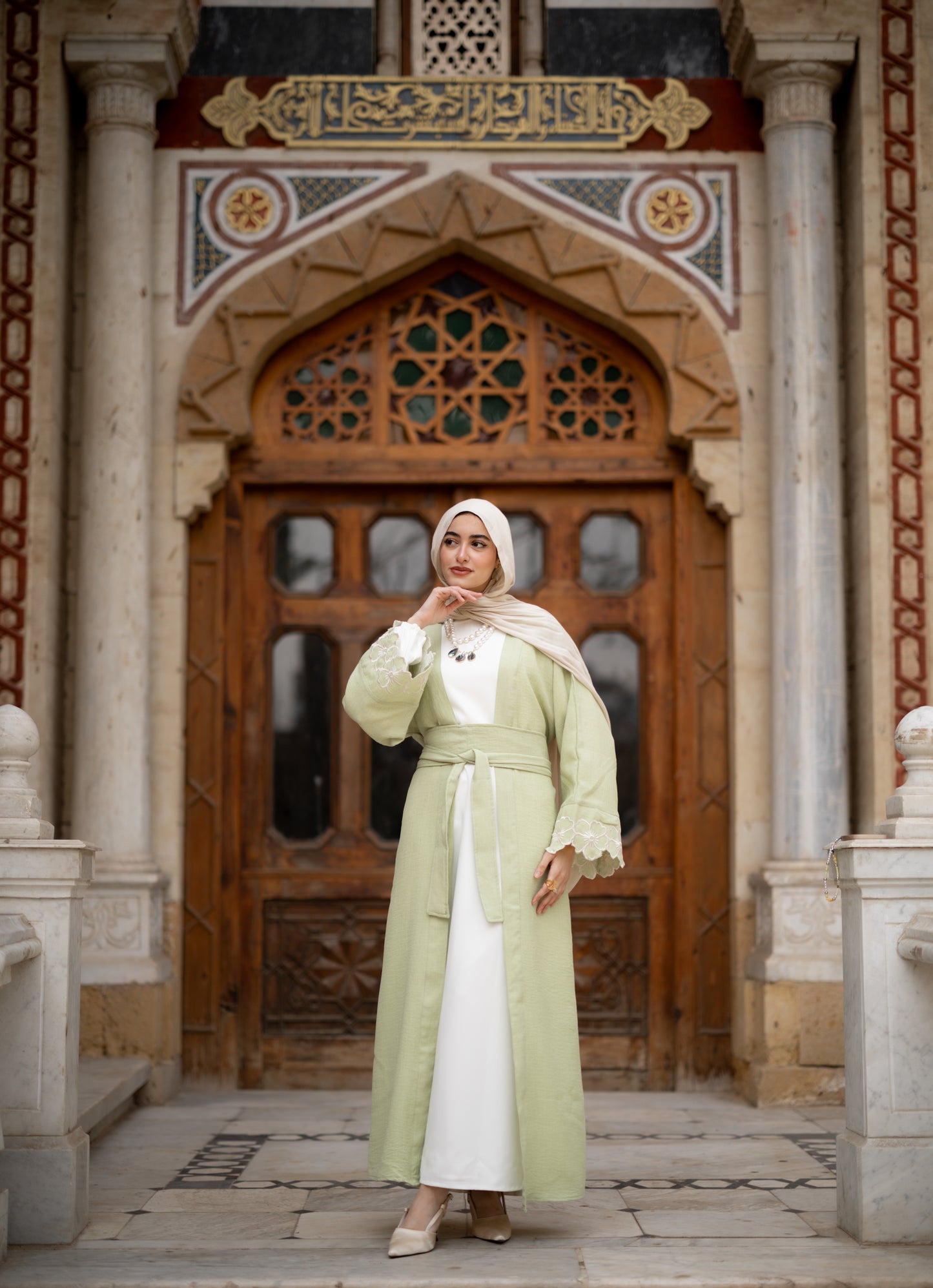 Floral Embroidered Abaya in Pistage