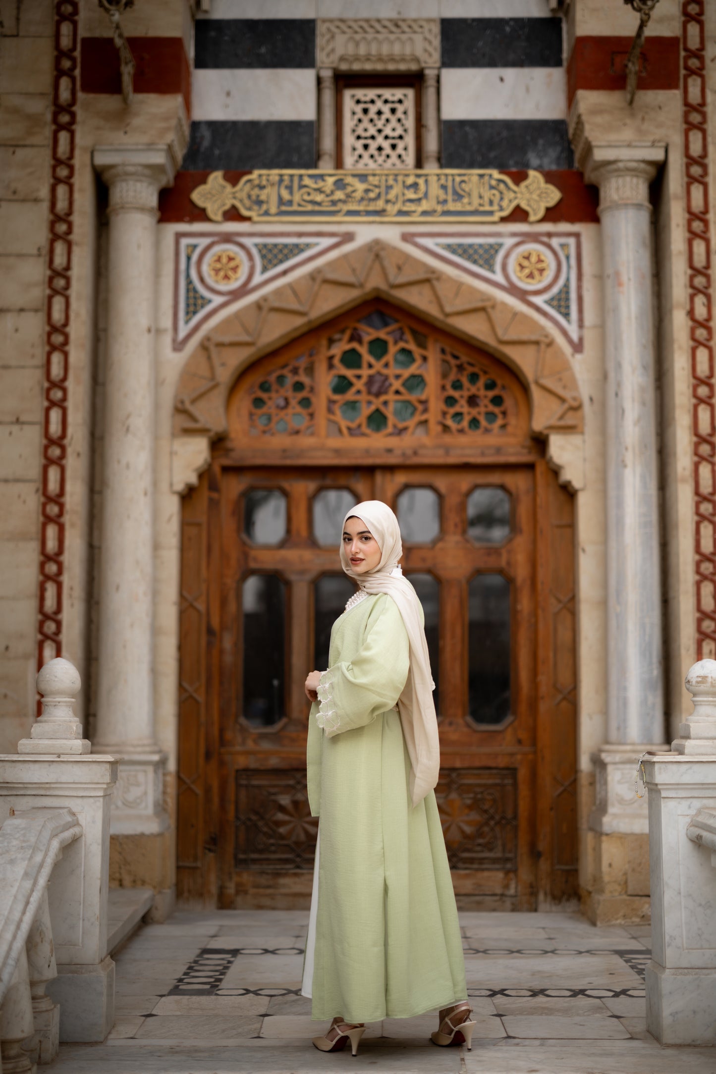 Floral Embroidered Abaya in Pistage