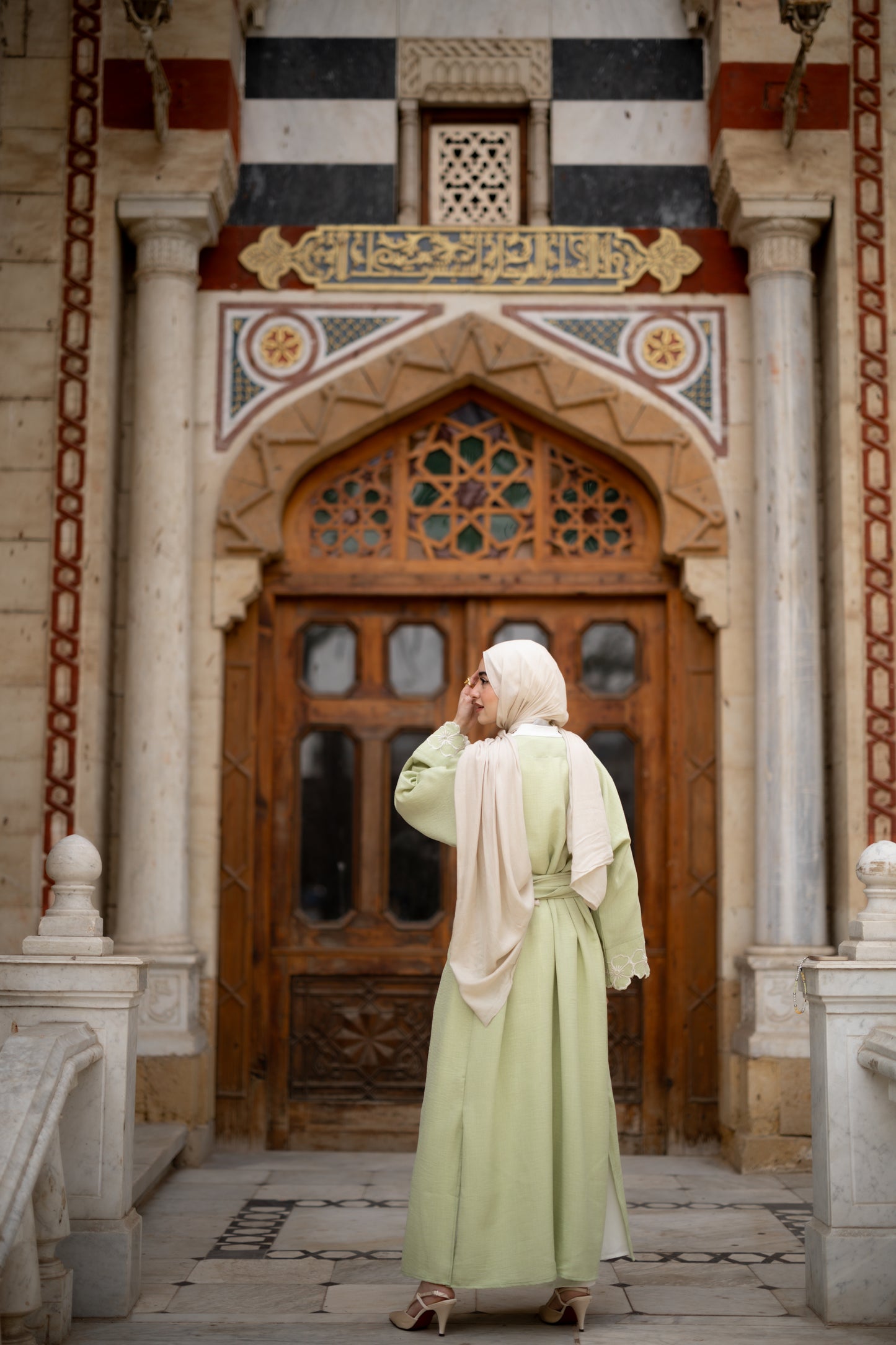 Floral Embroidered Abaya in Pistage