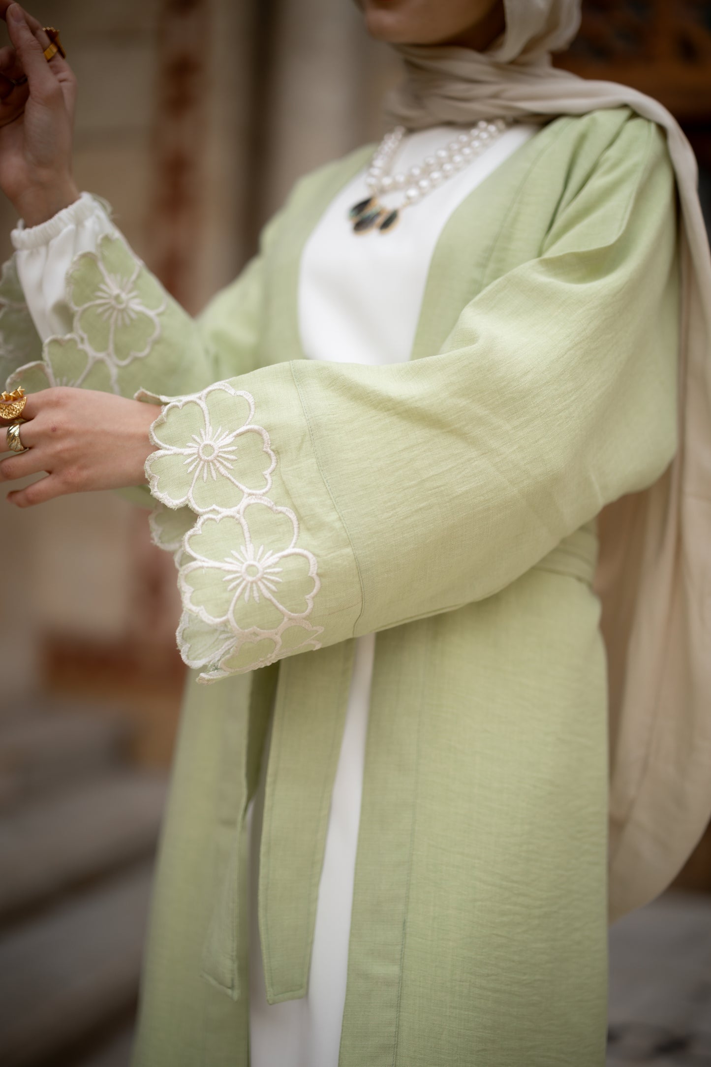 Floral Embroidered Abaya in Pistage
