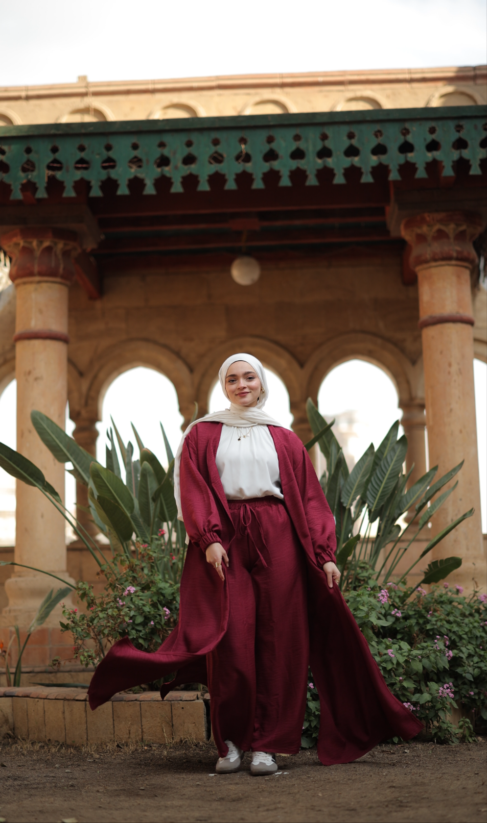Linen Self-tie Cardigan with Pants in Burgundy