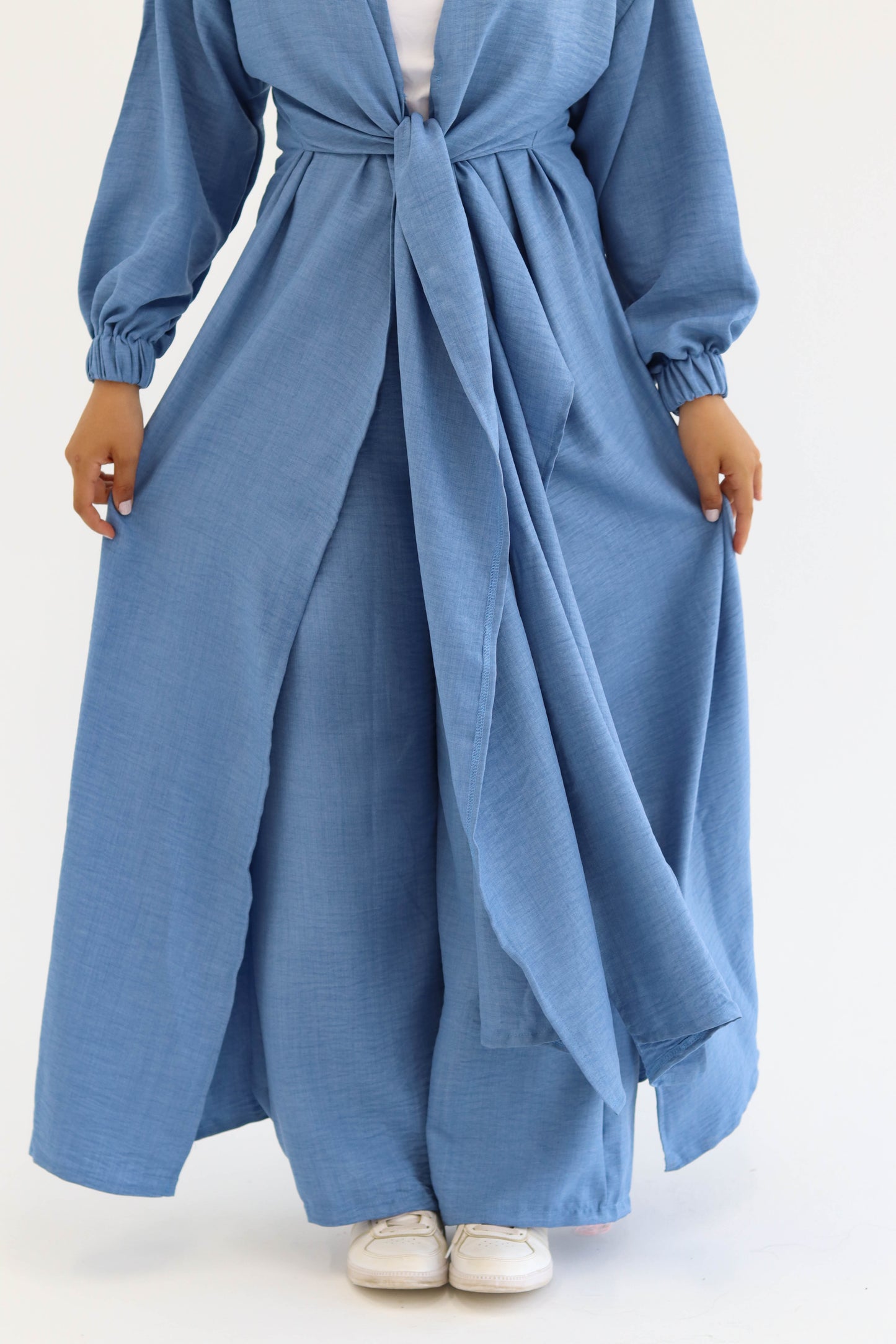 Linen Self-tie Cardigan with Pants in Blue