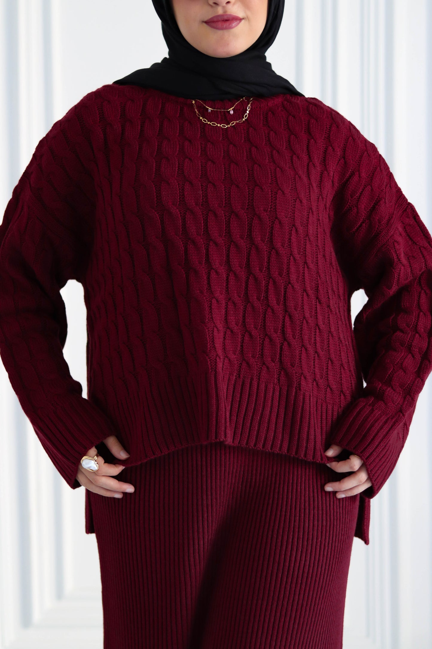Braided Winter Set in Burgundy (Tunic and skirt)