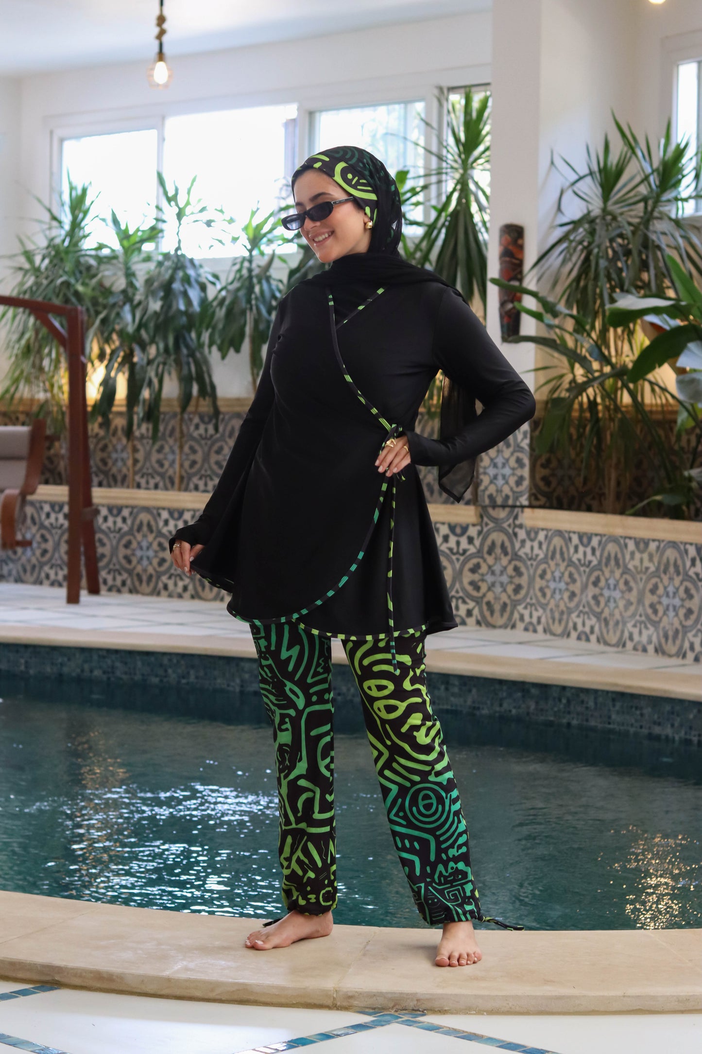Black Burkini with African Pants and Chiffon Skirt (4 pieces)