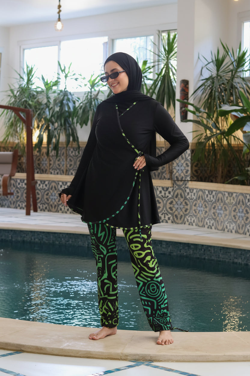 Black Burkini with African Pants (with Head cover + Chiffon Skirt)
