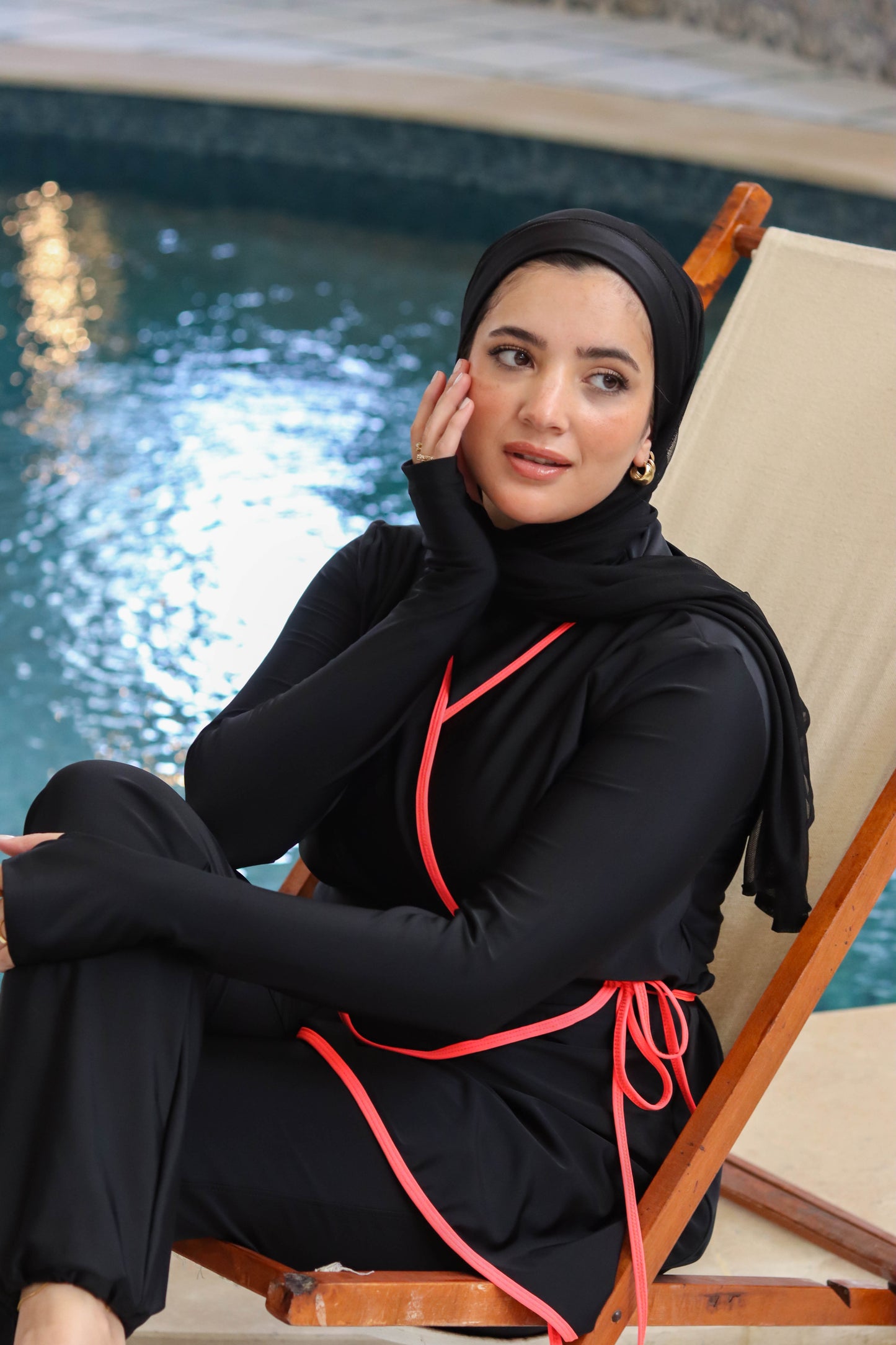 Black Burkini with Fuchsia Details with Chiffon Skirt (4 pieces)