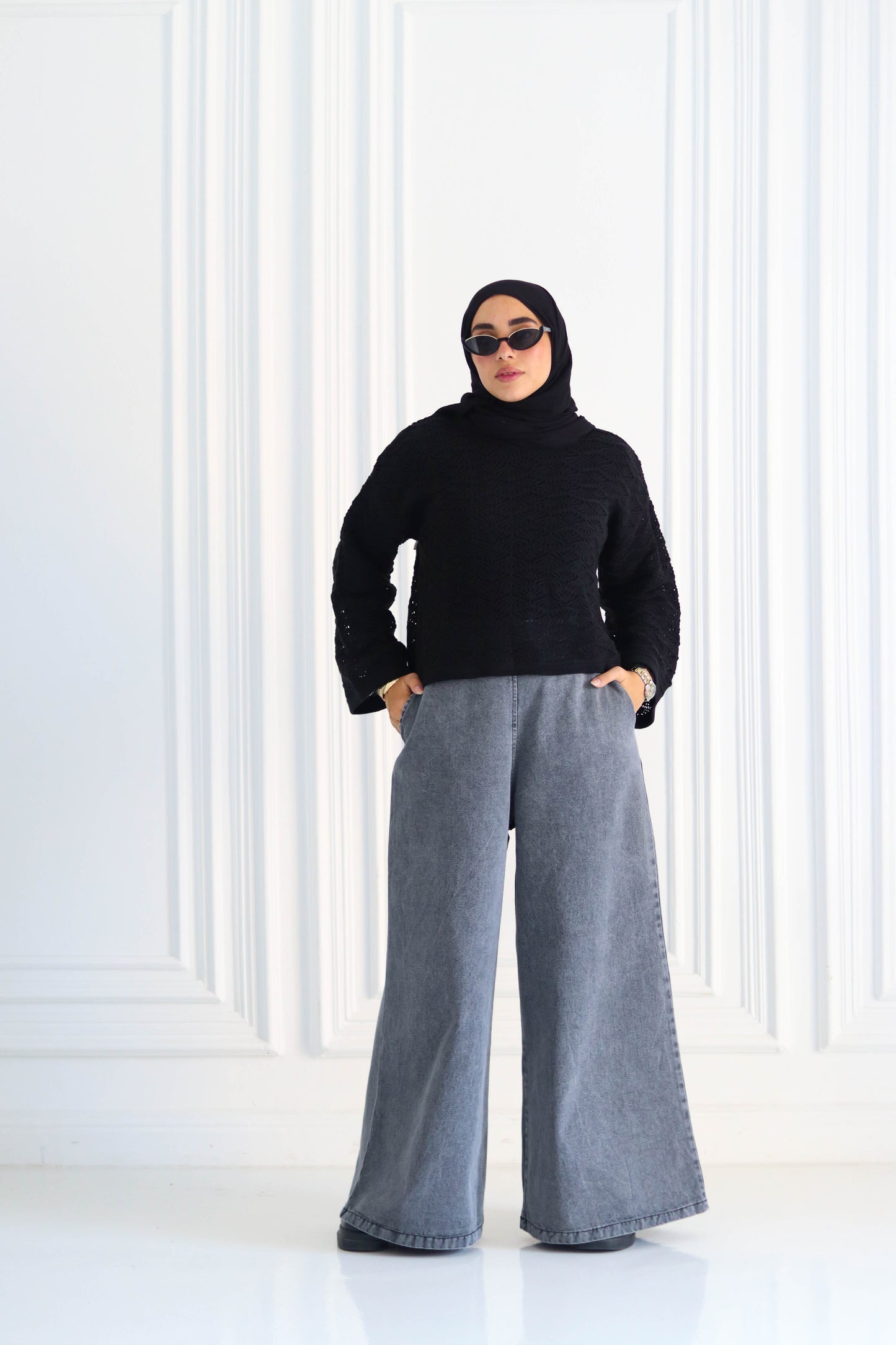 Denim Wide Leg Pants in Gray