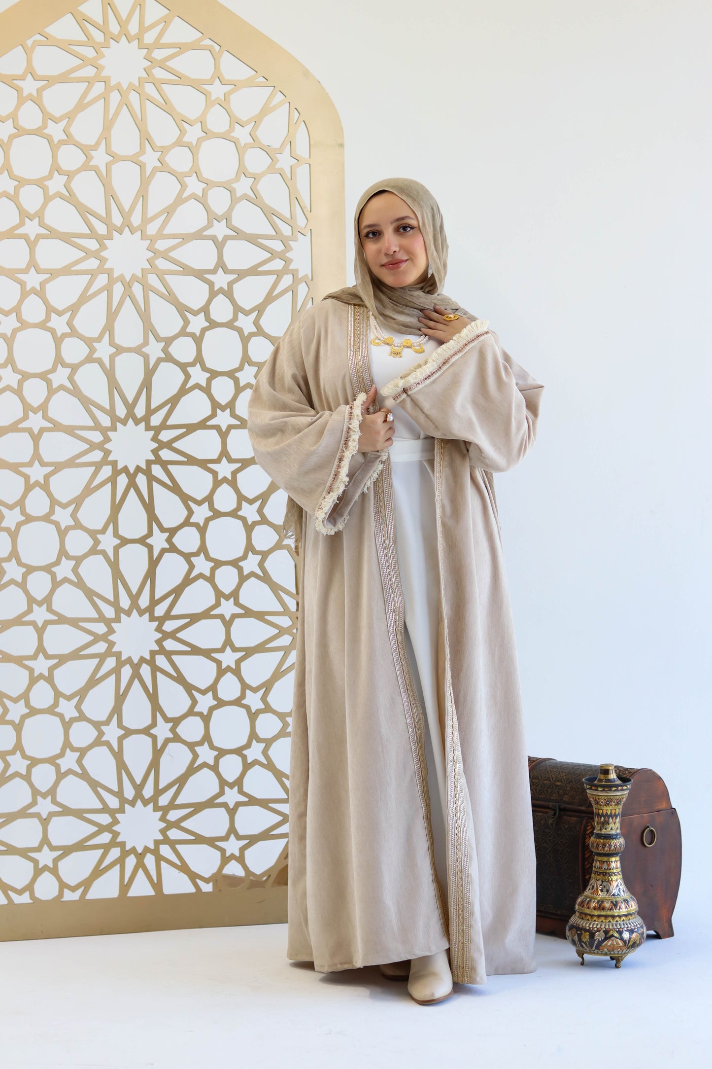 Kaftan set of Dai AlQamar Abaya in Beige