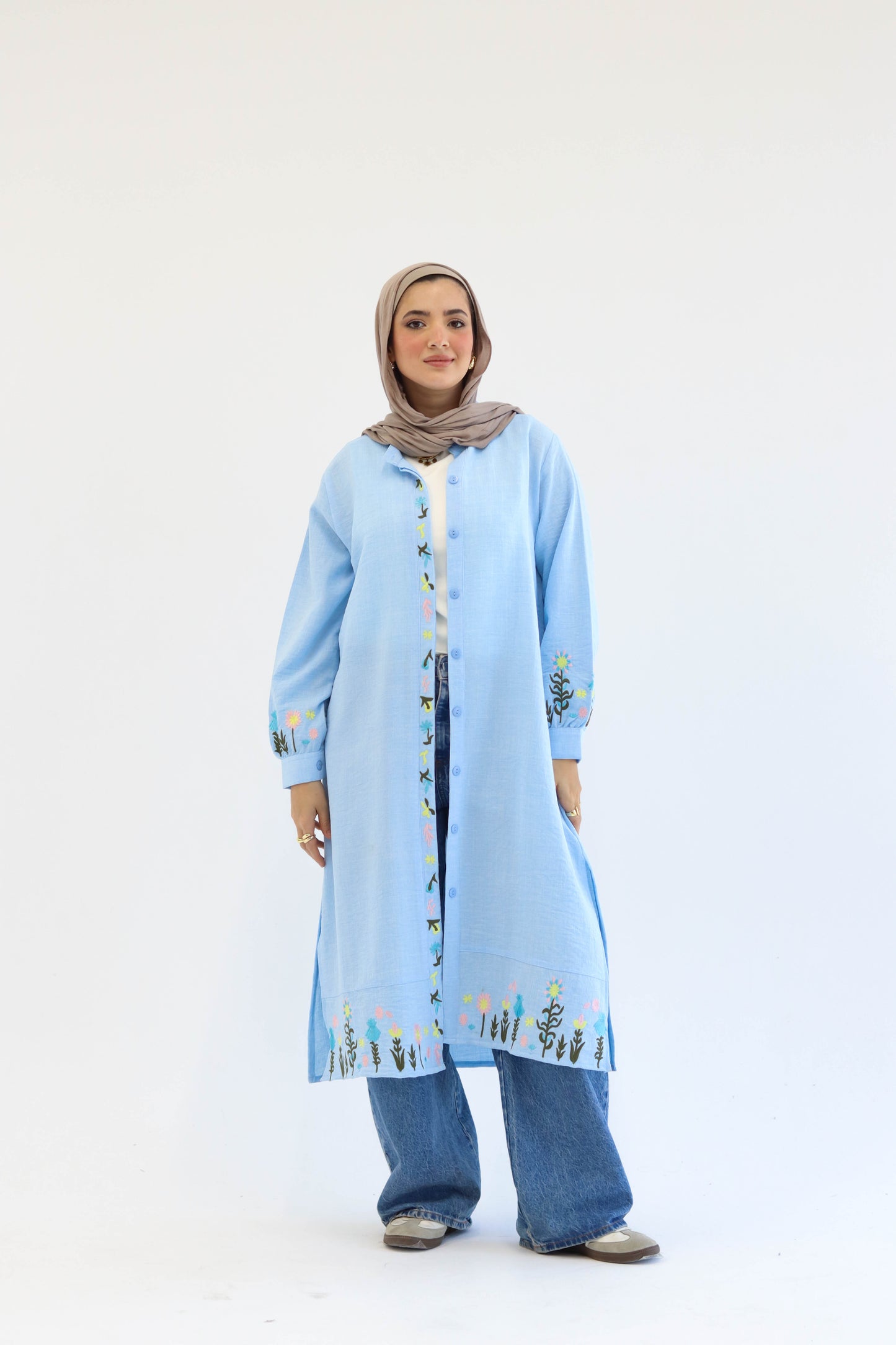 Floral Embroidered Linen Chemise in Baby Blue