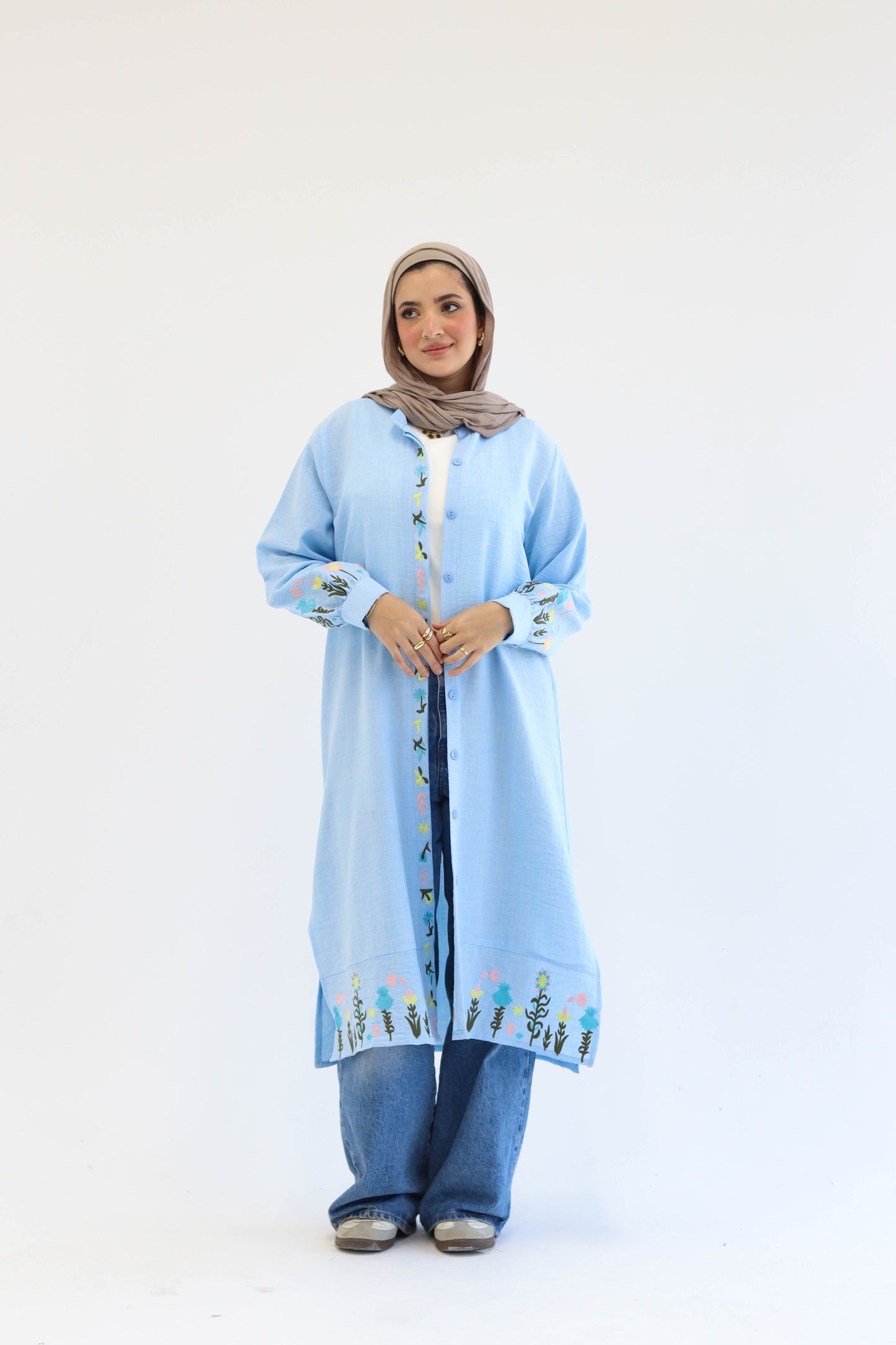 Floral Embroidered Linen Chemise in Baby Blue