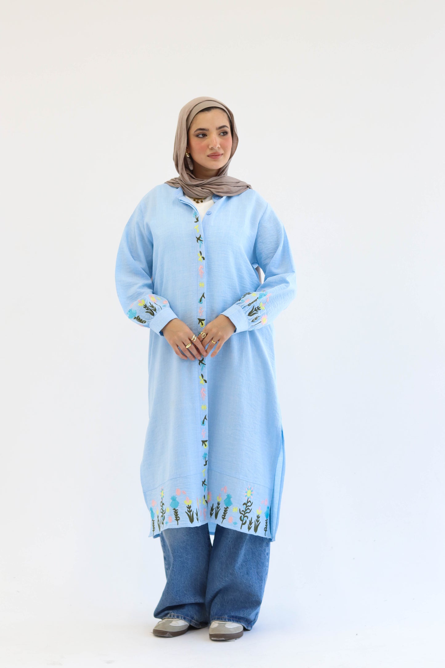 Floral Embroidered Linen Chemise in Baby Blue
