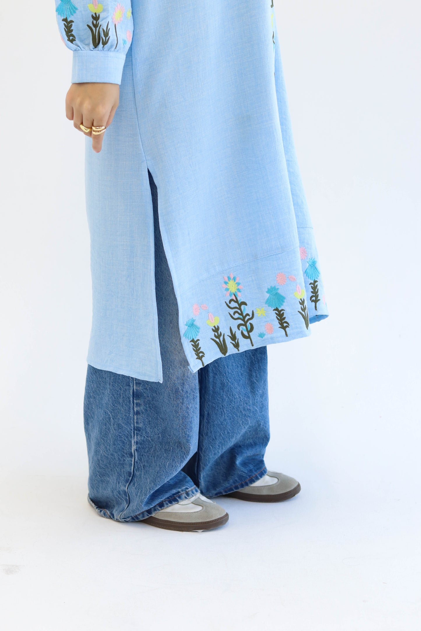 Floral Embroidered Linen Chemise in Baby Blue