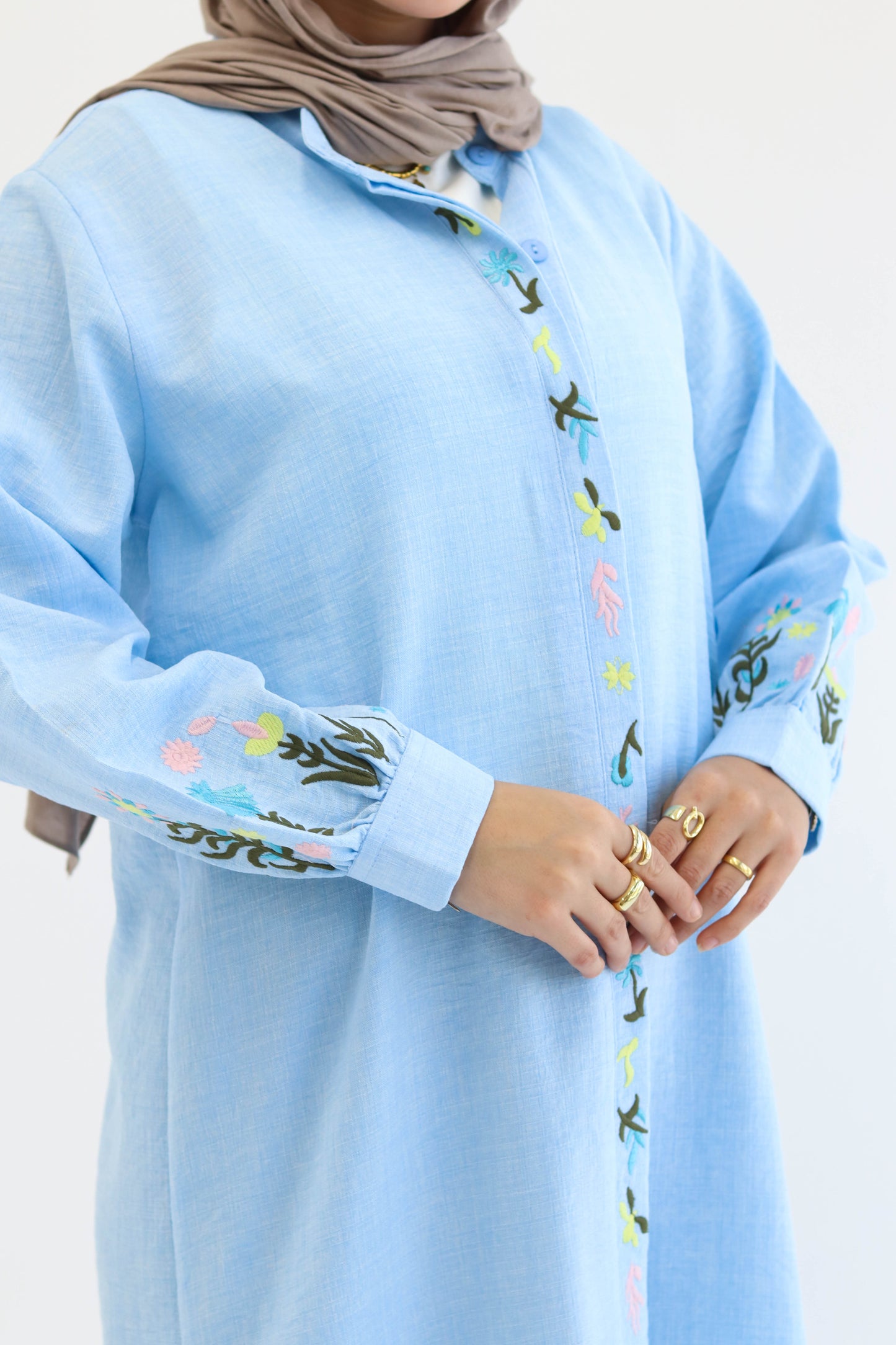 Floral Embroidered Linen Chemise in Baby Blue