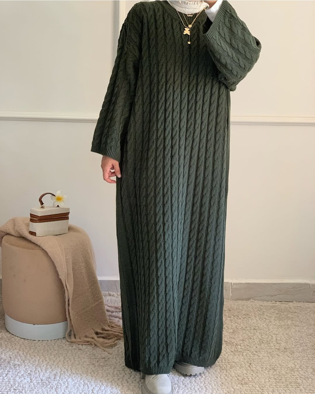 Braided Winter Dress in Olive