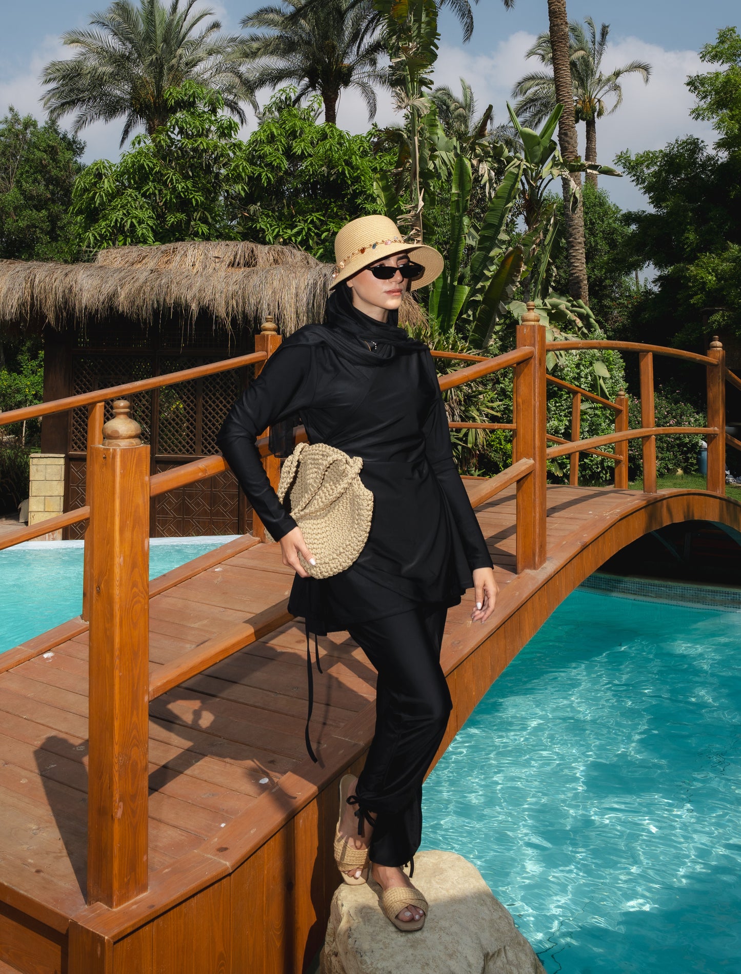 Ozel Burkini in Black (with Head cover + Chiffon skirt)