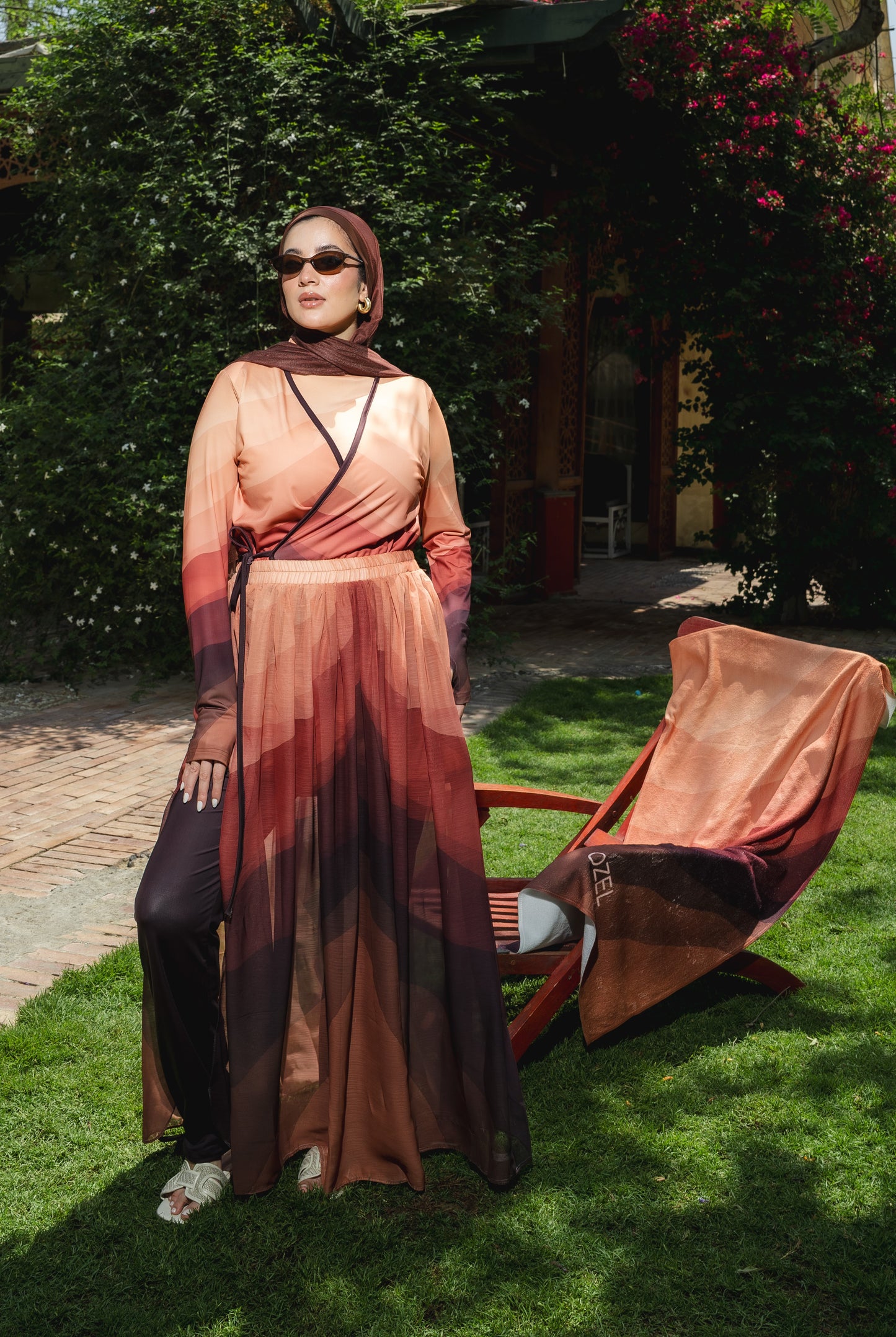 Colorful Ozel Burkini in Brown (with head cover + Chiffon Skirt)