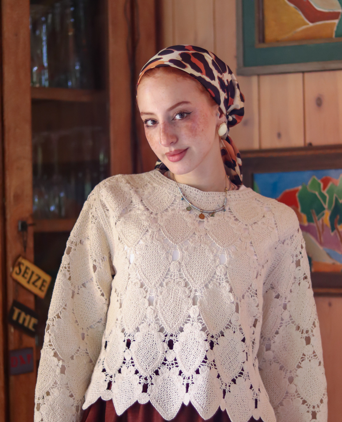 Bundle of Crochet Top in Beige with Brown Linen Skirt