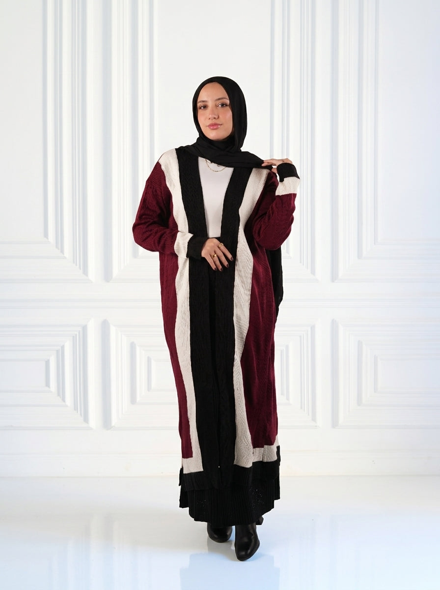 Color-block Winter Cardigan in Burgundy