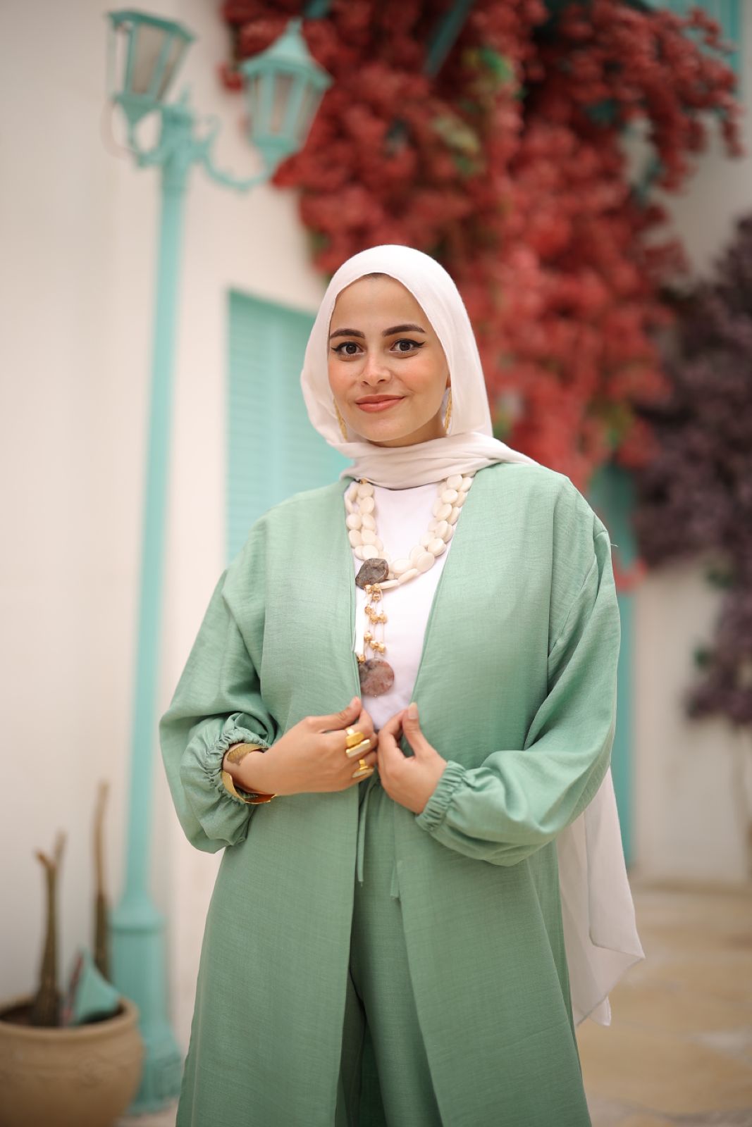 Linen Self-tie Cardigan with Pants in Mint