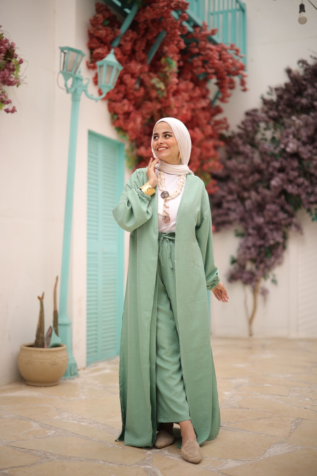 Linen Self-tie Cardigan with Pants in Mint