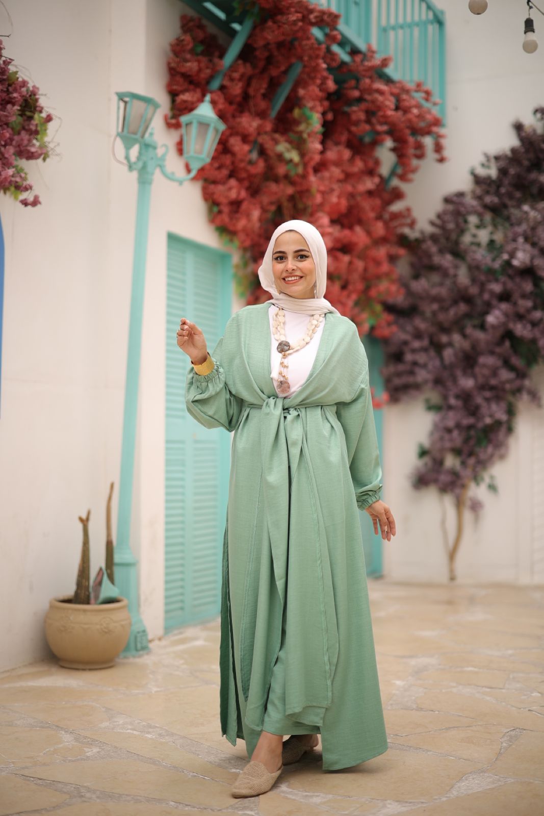 Linen Self-tie Cardigan with Pants in Mint