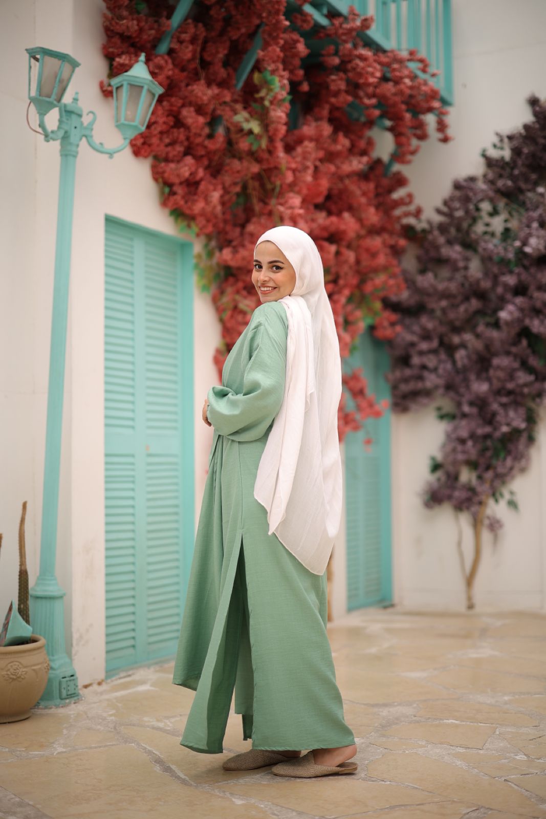 Linen Self-tie Cardigan with Pants in Mint
