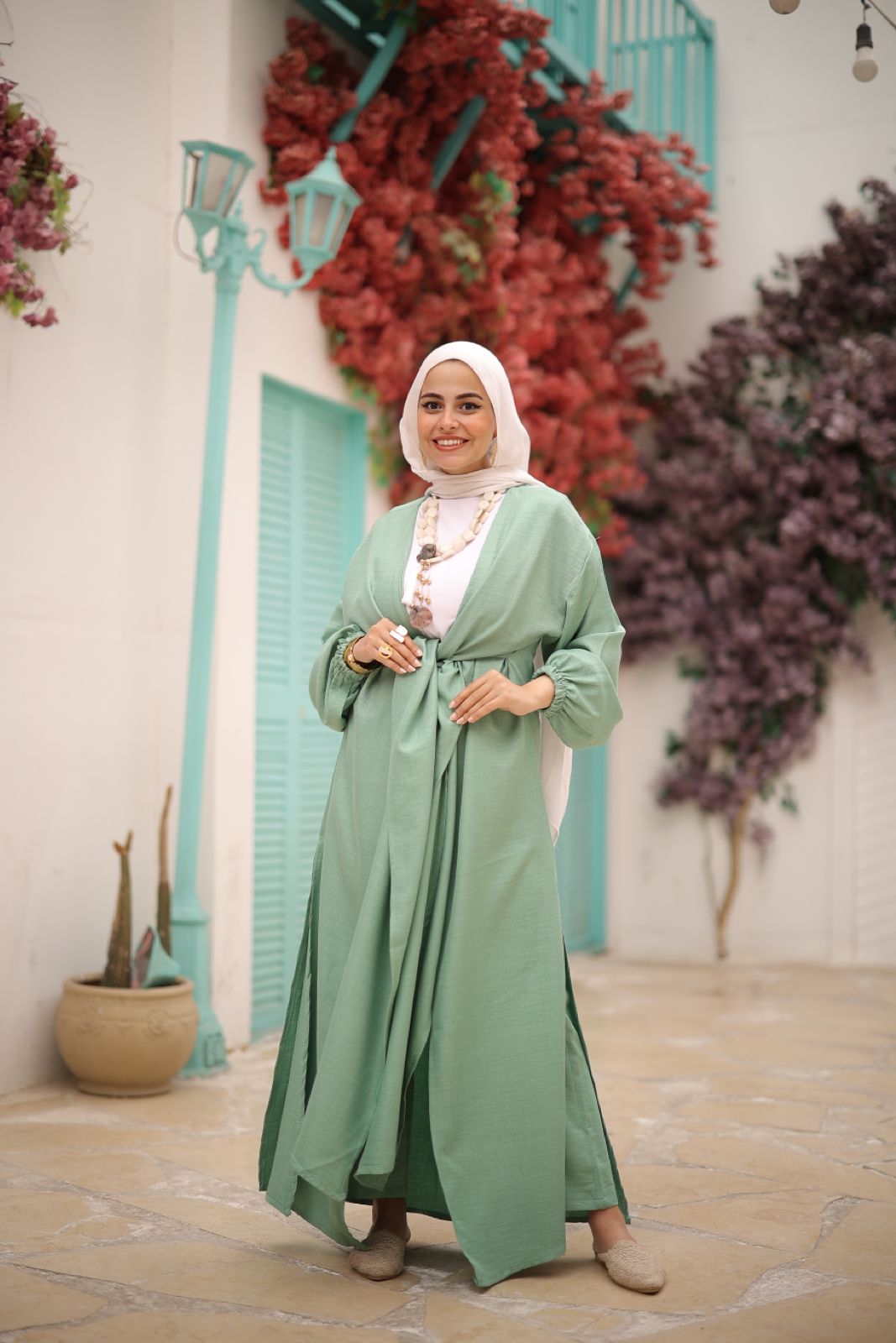 Linen Self-tie Cardigan with Pants in Mint