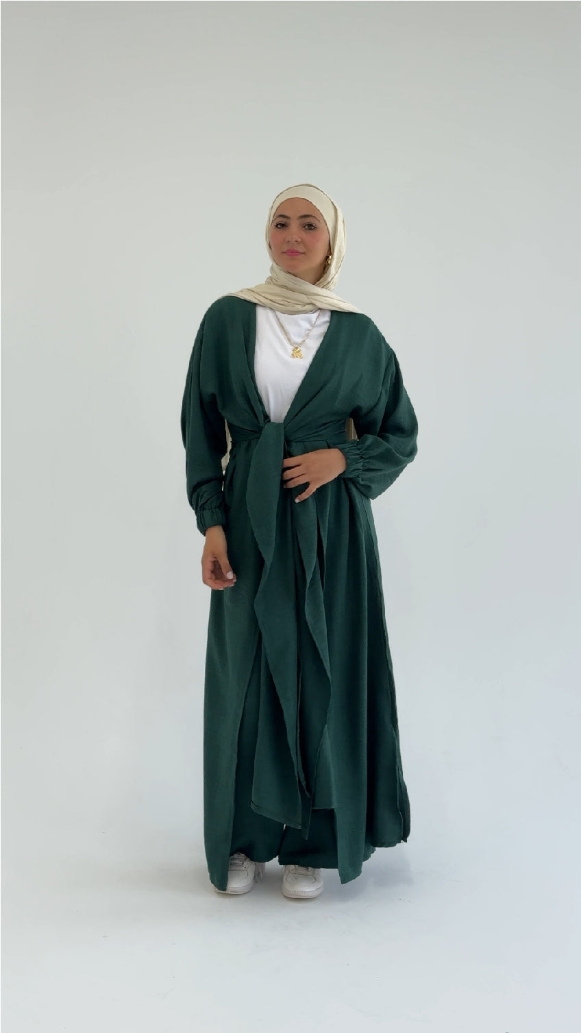 Linen Self-tie Cardigan with Pants in Green