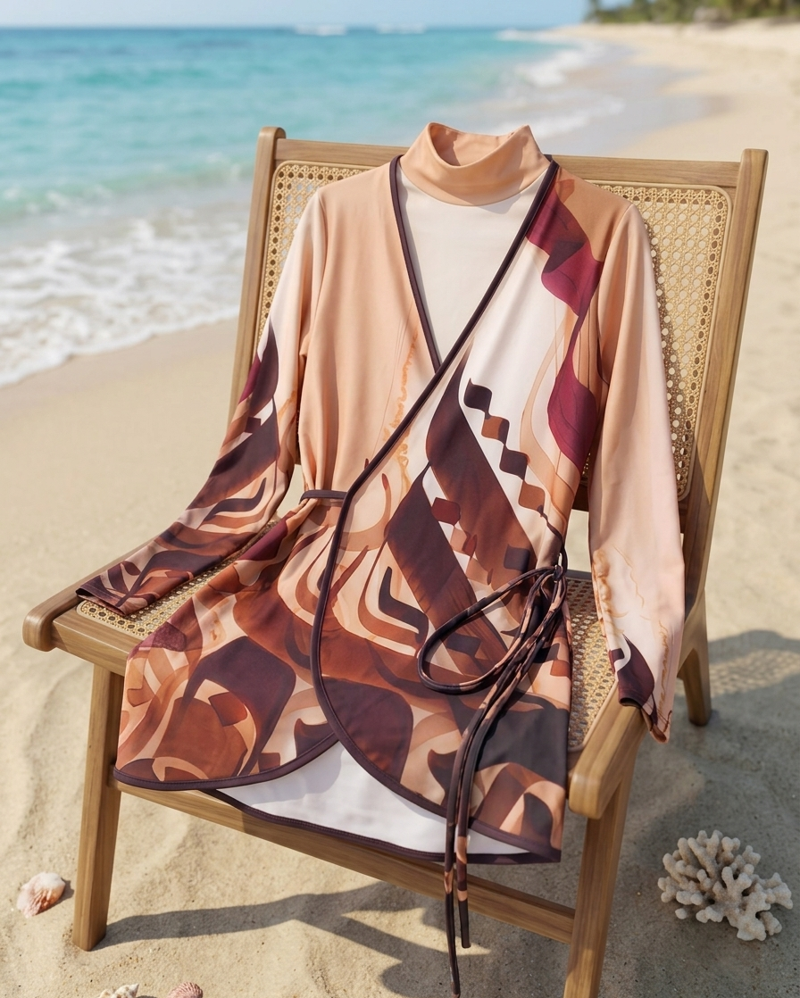Ozel Printed Swim Top in Brown