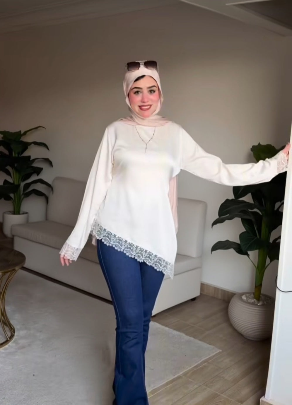 Satin Blouse with Guipure Details in Off-White