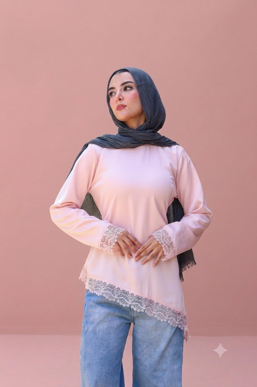 Satin Blouse with Guipure Details in Pink