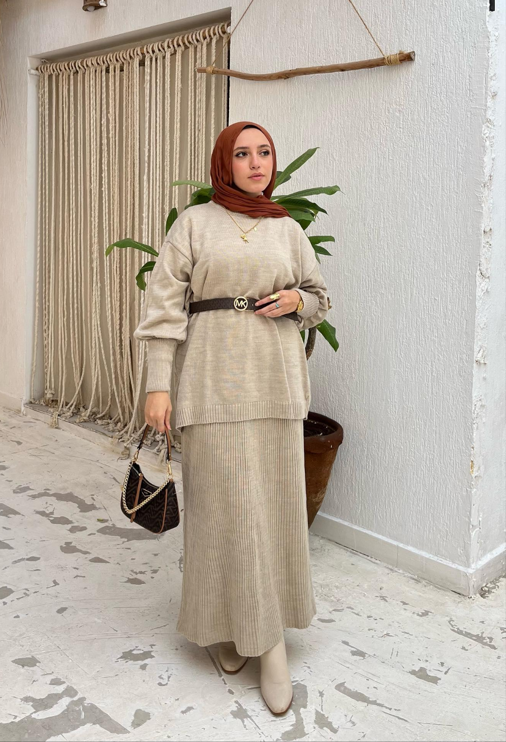 Plain Winter Set in Beige (Tunic and skirt)