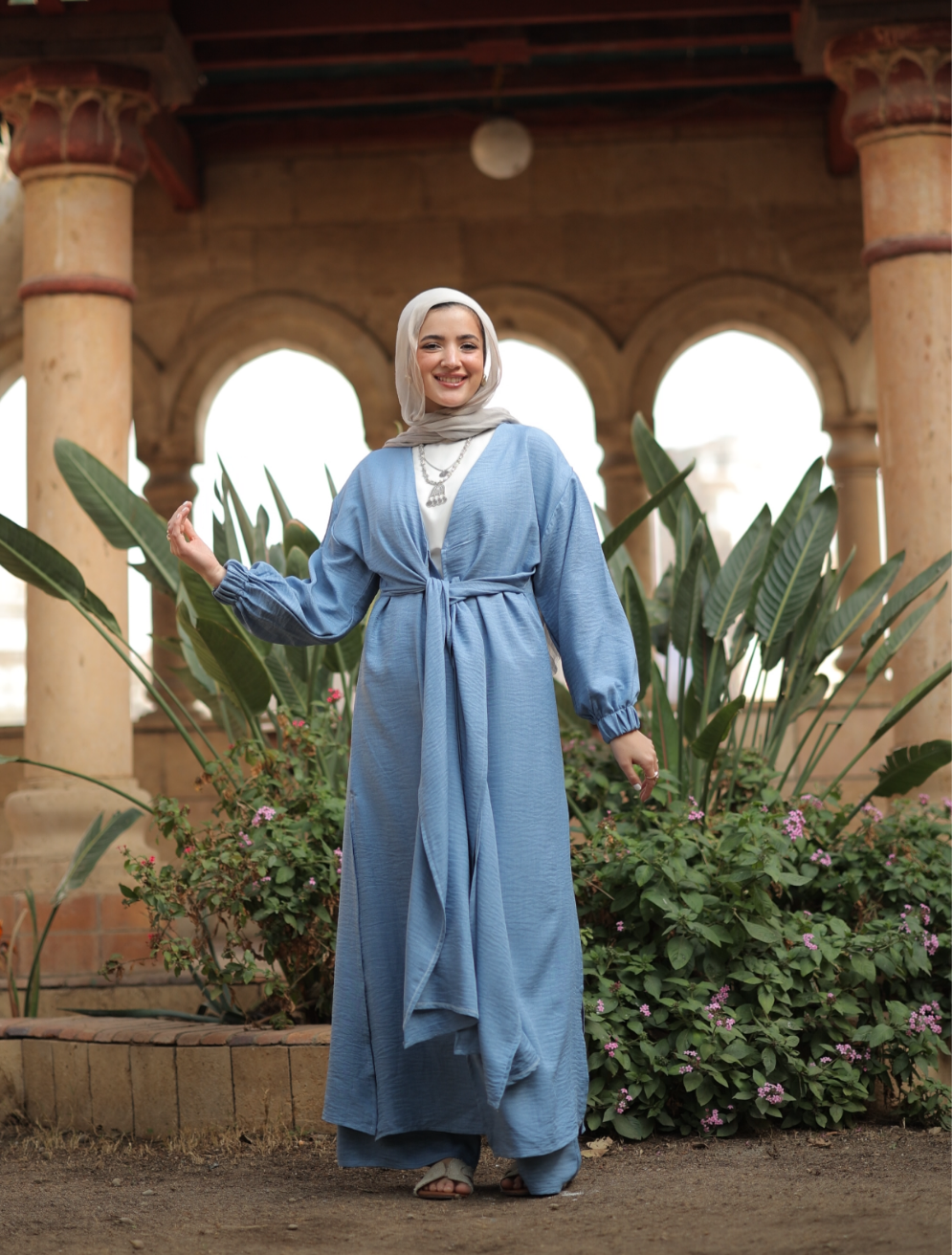 Linen Self-tie Cardigan with Pants in Blue