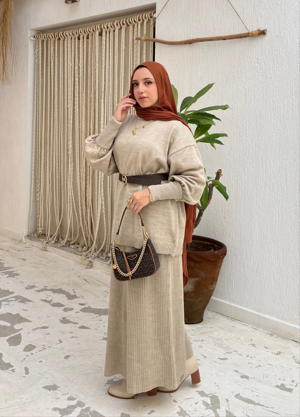 Plain Winter Set in Beige (Tunic and skirt)