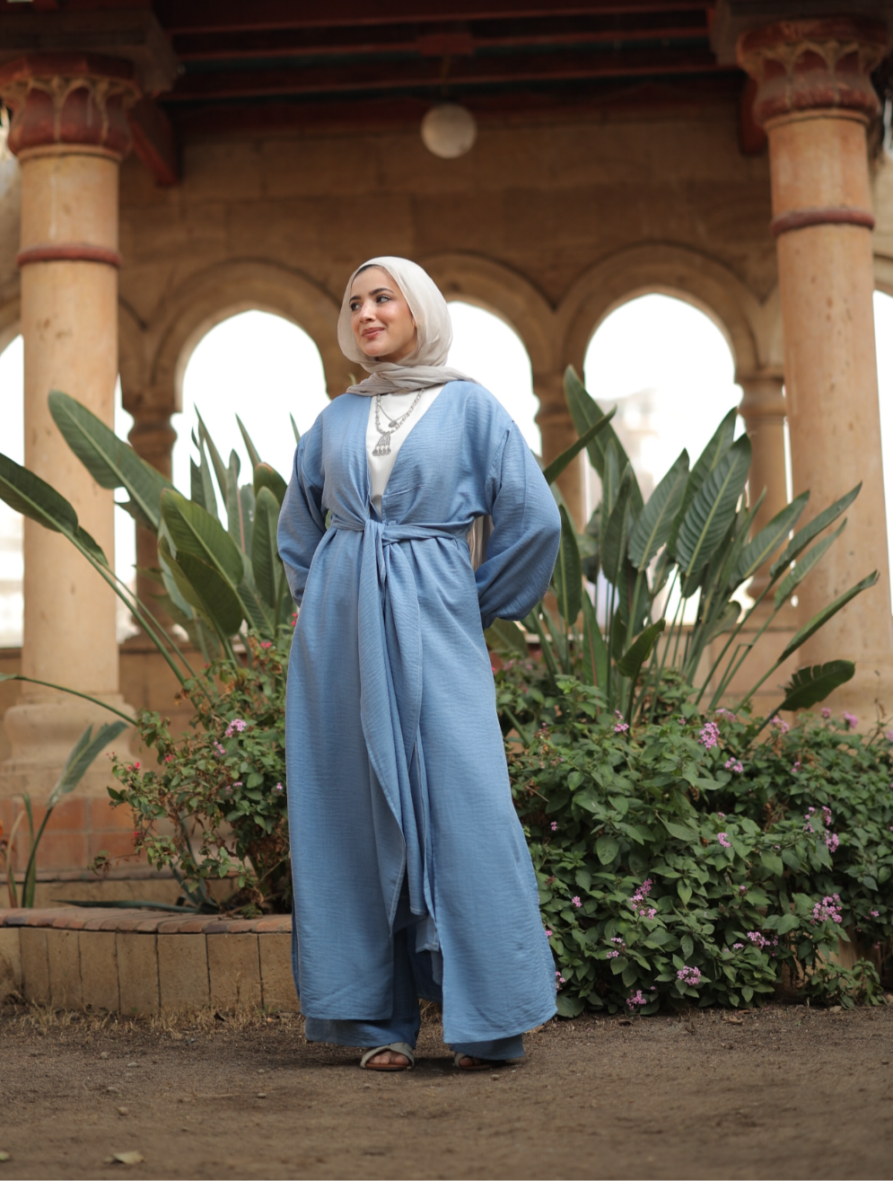 Linen Self-tie Cardigan with Pants in Blue