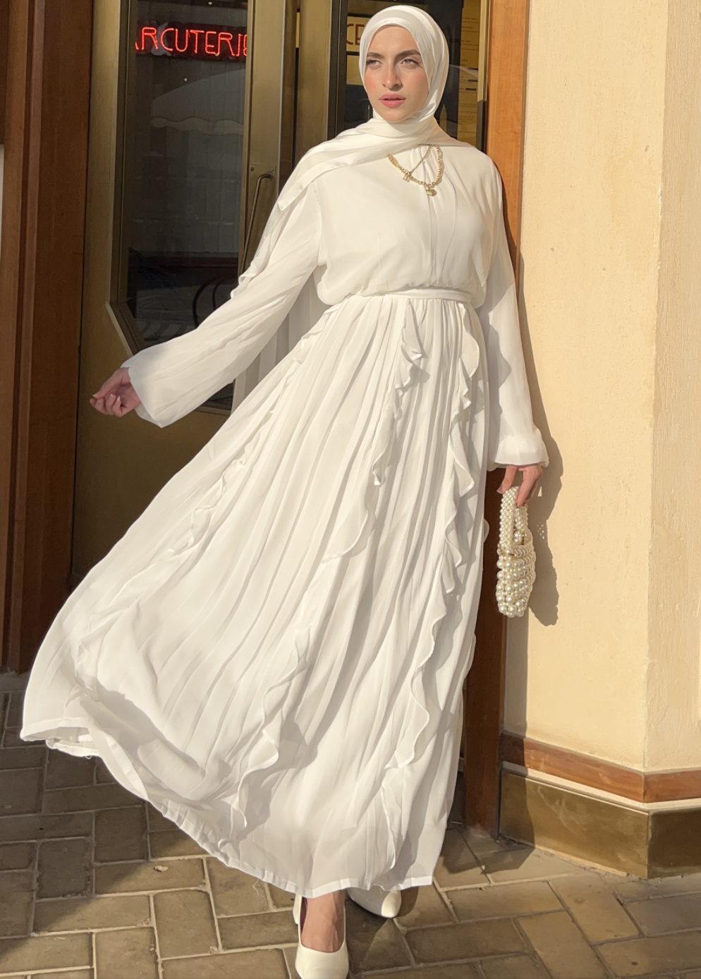 Classy Pleated Chiffon Dress in White