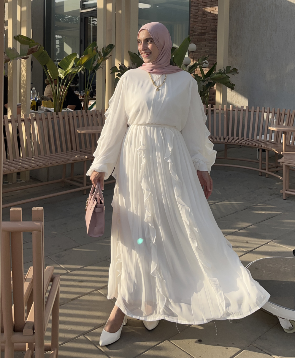 Classy Pleated Chiffon Dress in White