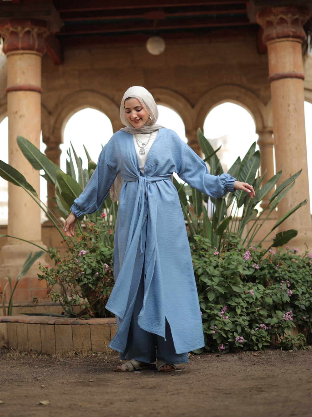 Linen Self-tie Cardigan with Pants in Blue