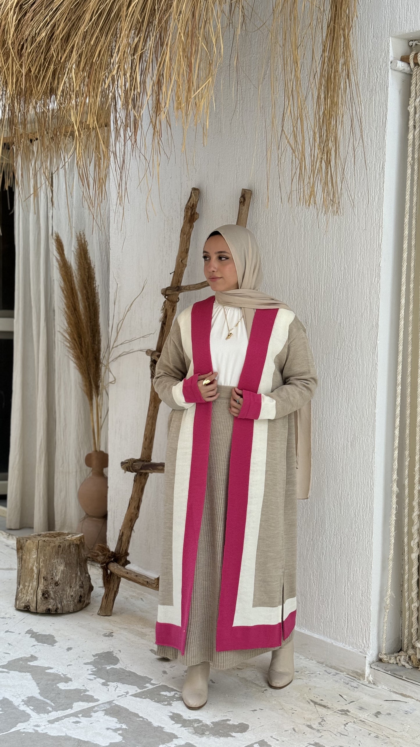 Color-block Winter Cardigan in Fushcia