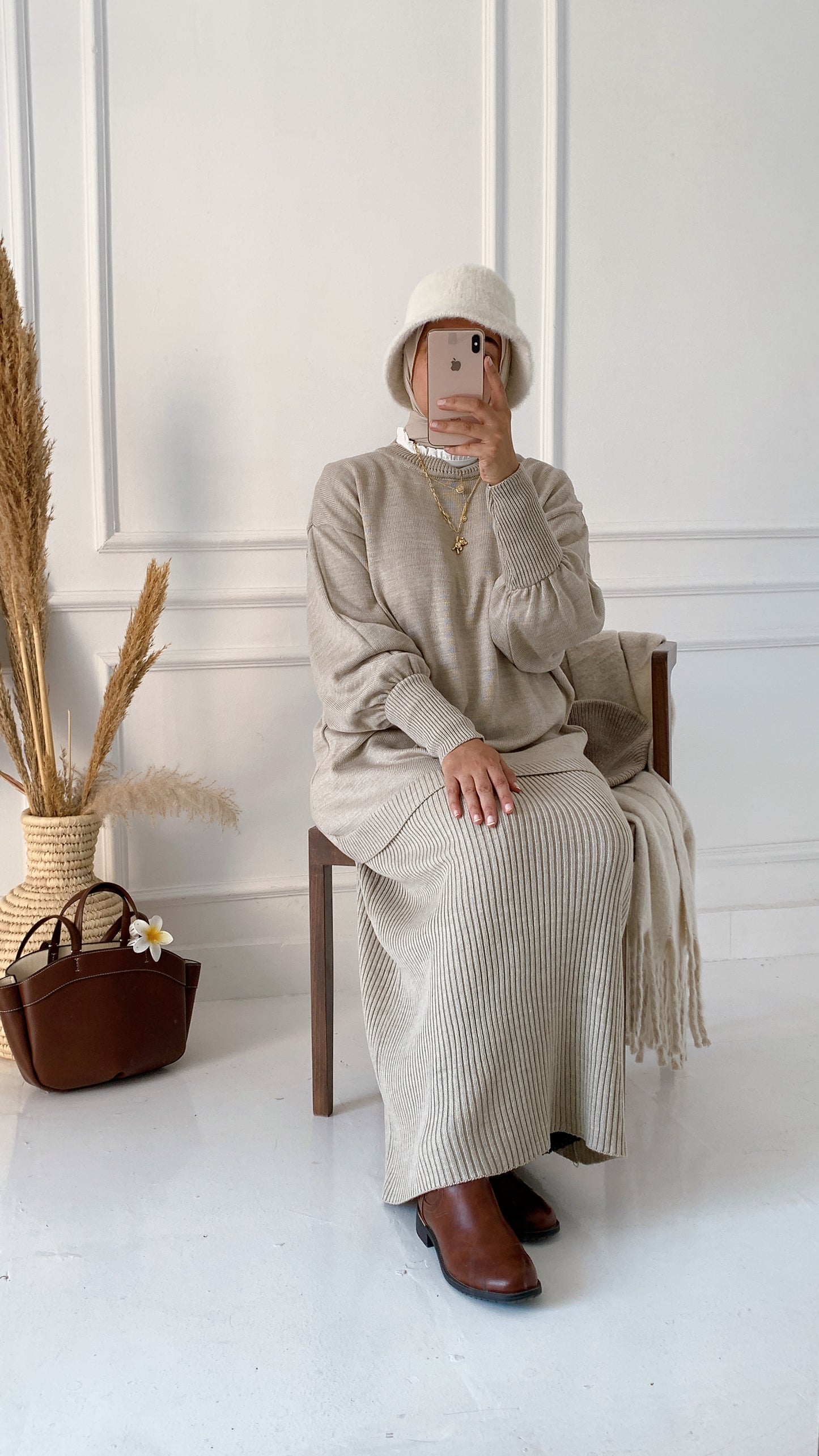 Plain Winter Set in Beige (Tunic and skirt)