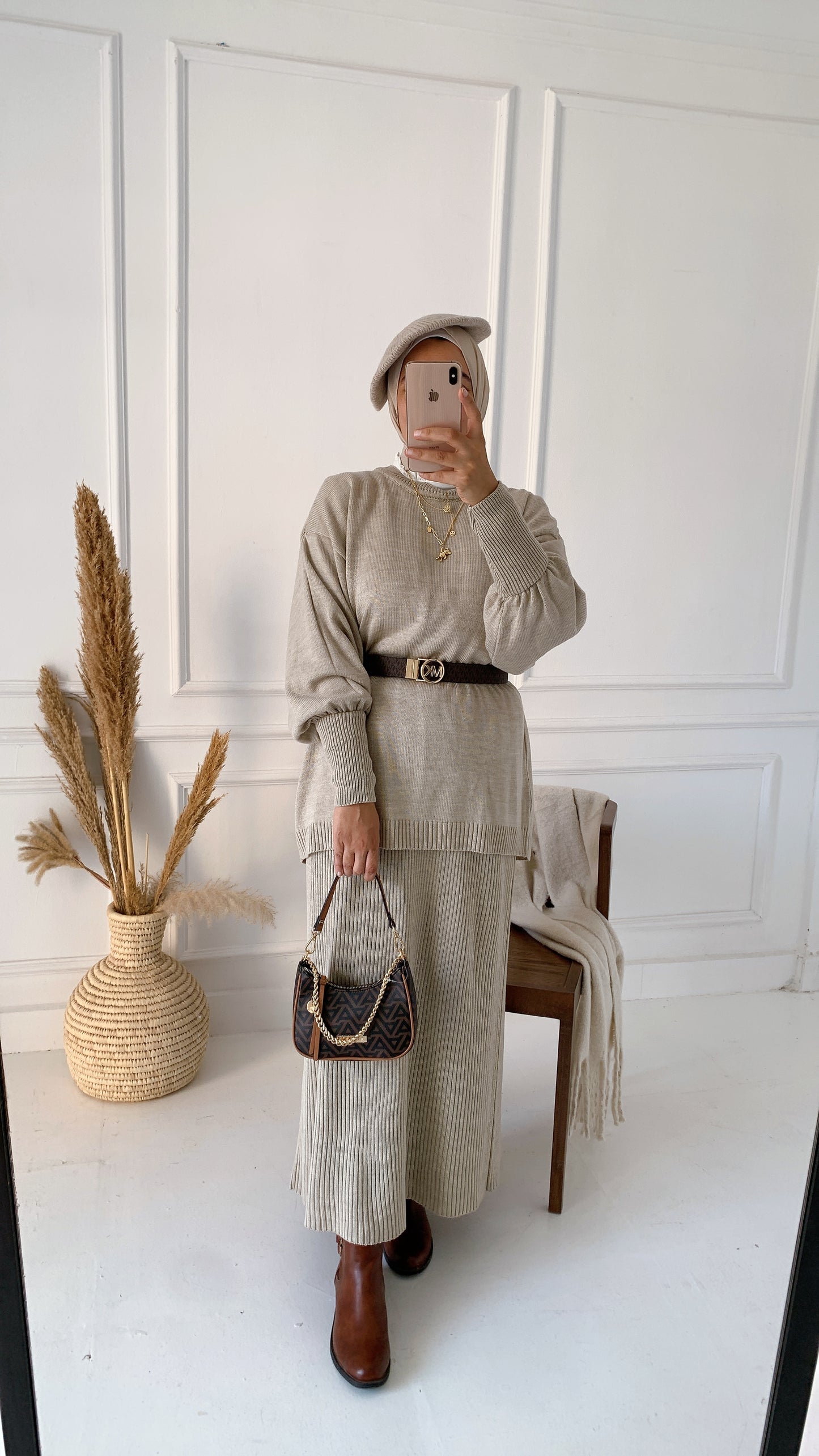 Plain Winter Set in Beige (Tunic and skirt)