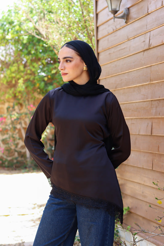 Satin Blouse with Guipure Details in Black