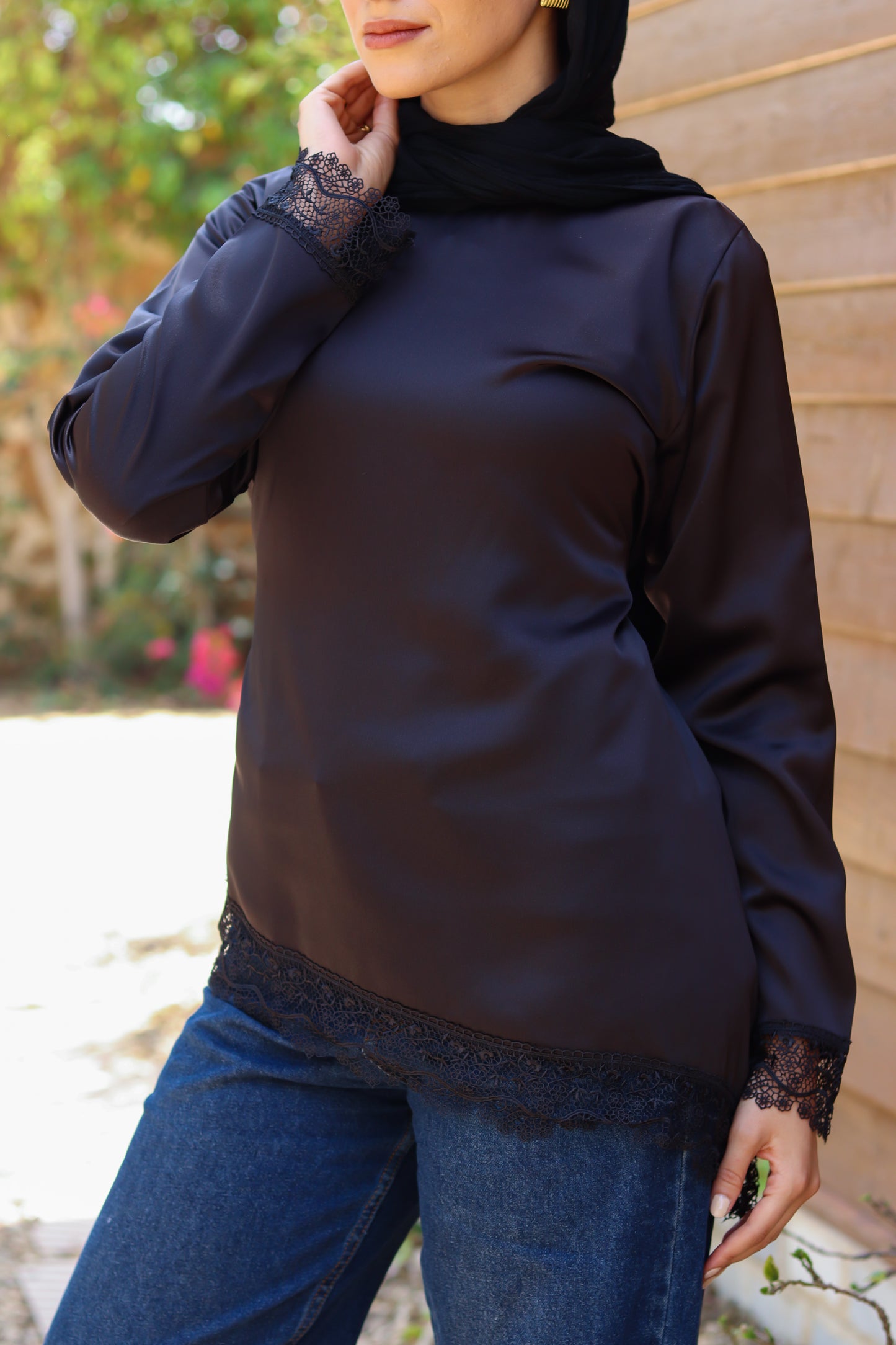 Satin Blouse with Guipure Details in Black