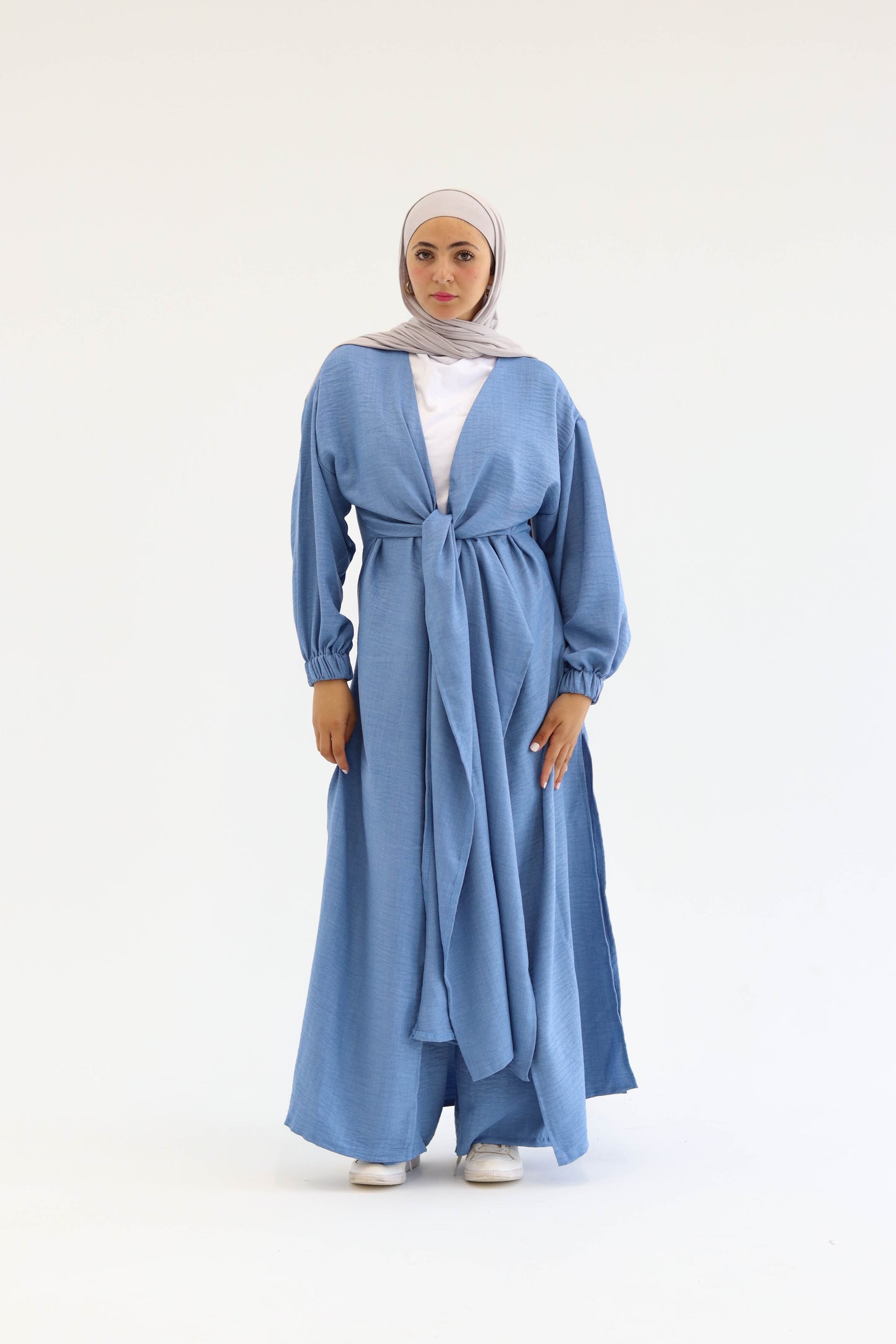 Linen Self-tie Cardigan with Pants in Blue