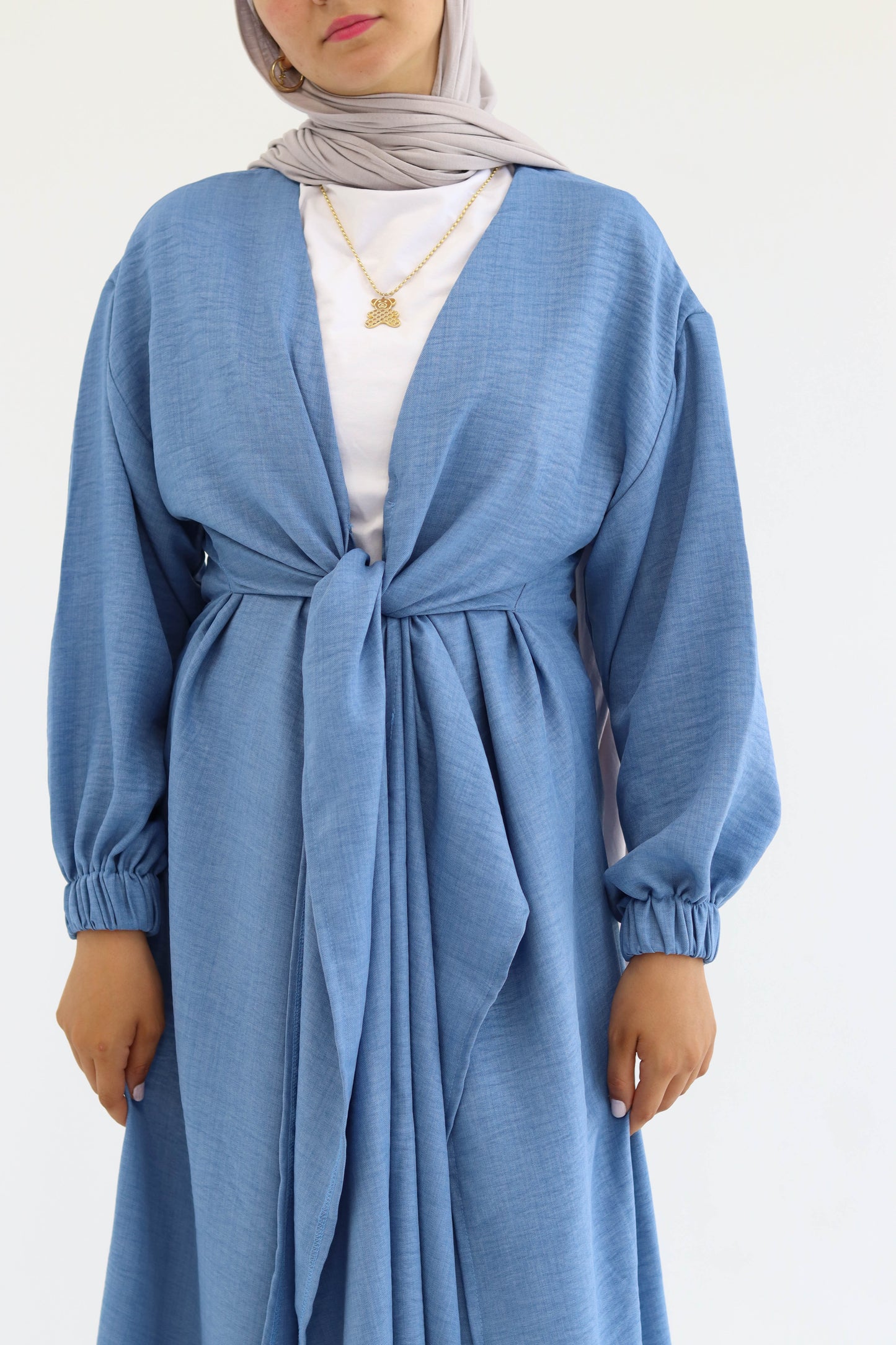 Linen Self-tie Cardigan with Pants in Blue