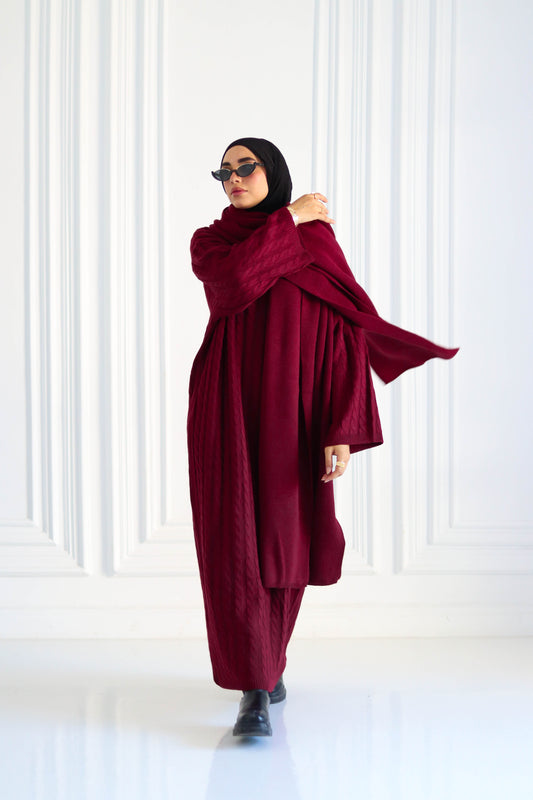 Winter Set Braided Dress with Shawl in Burgundy