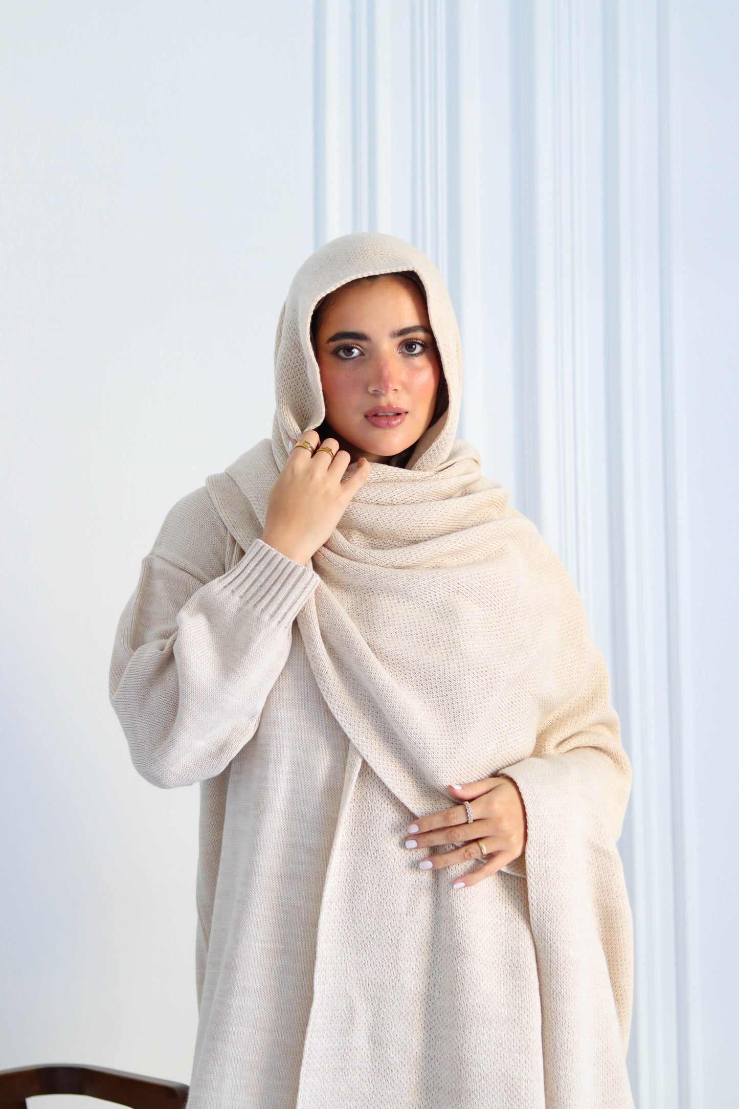 Shawl & Knitted Winter Dress Set in Beige