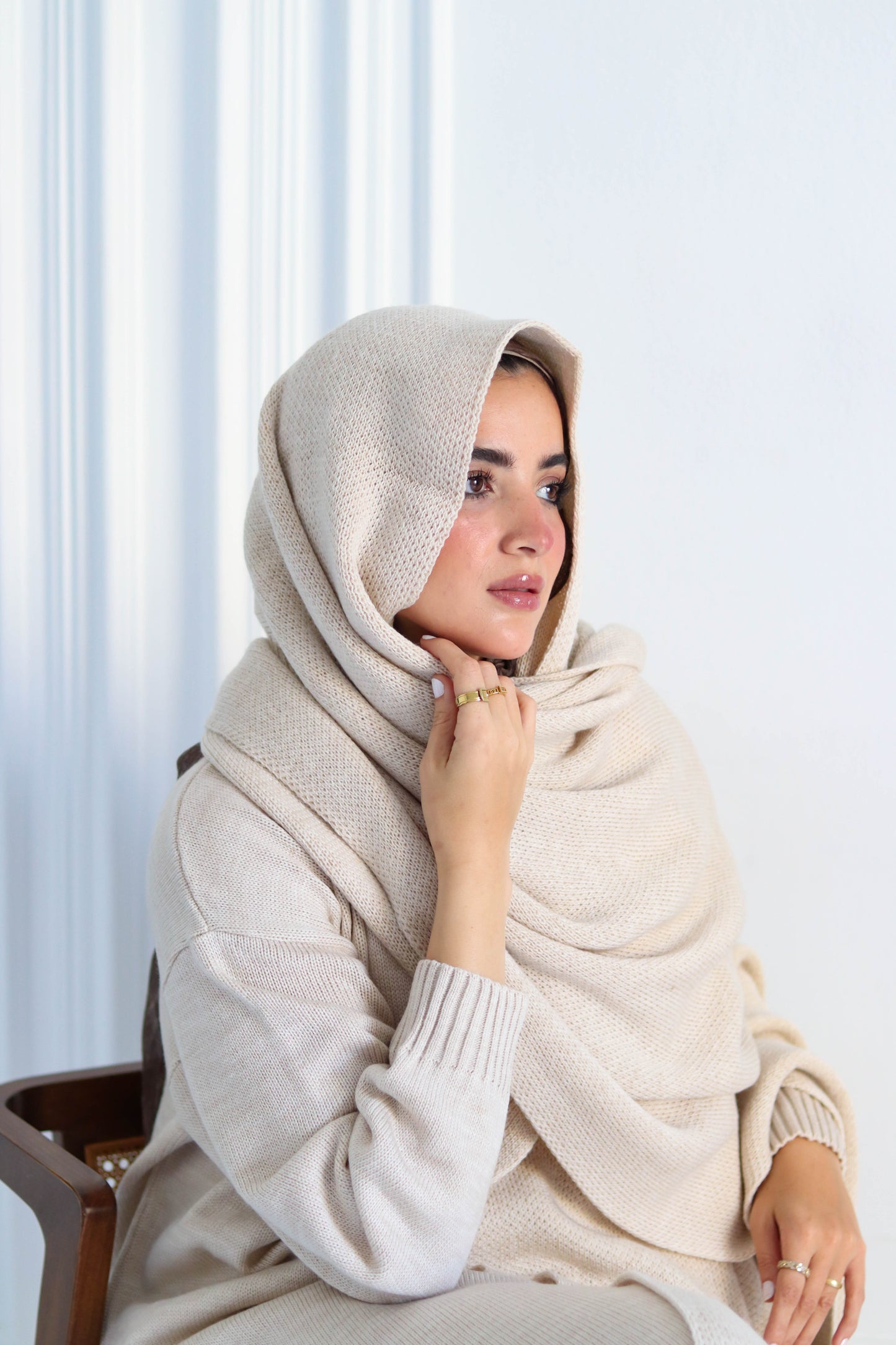 Shawl & Knitted Winter Dress Set in Beige