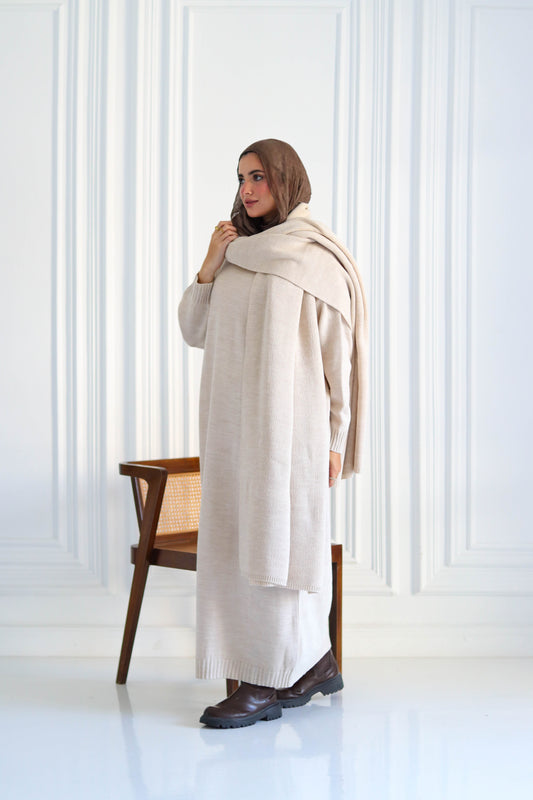 Shawl & Knitted Winter Dress Set in Beige